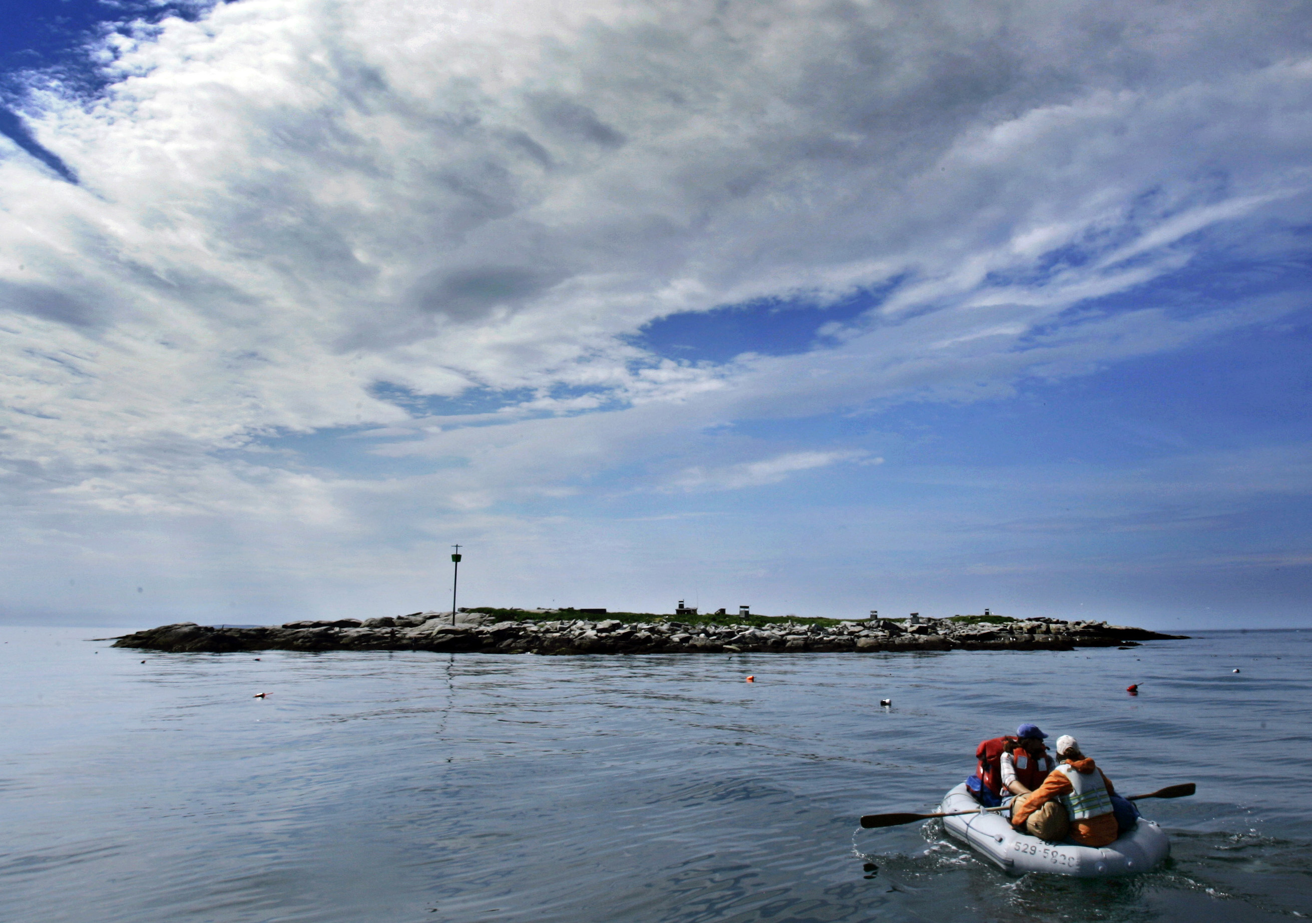 Crew members of Project Puffin row from a nearby supply boat to the 7-acre Eastern Egg Rock.