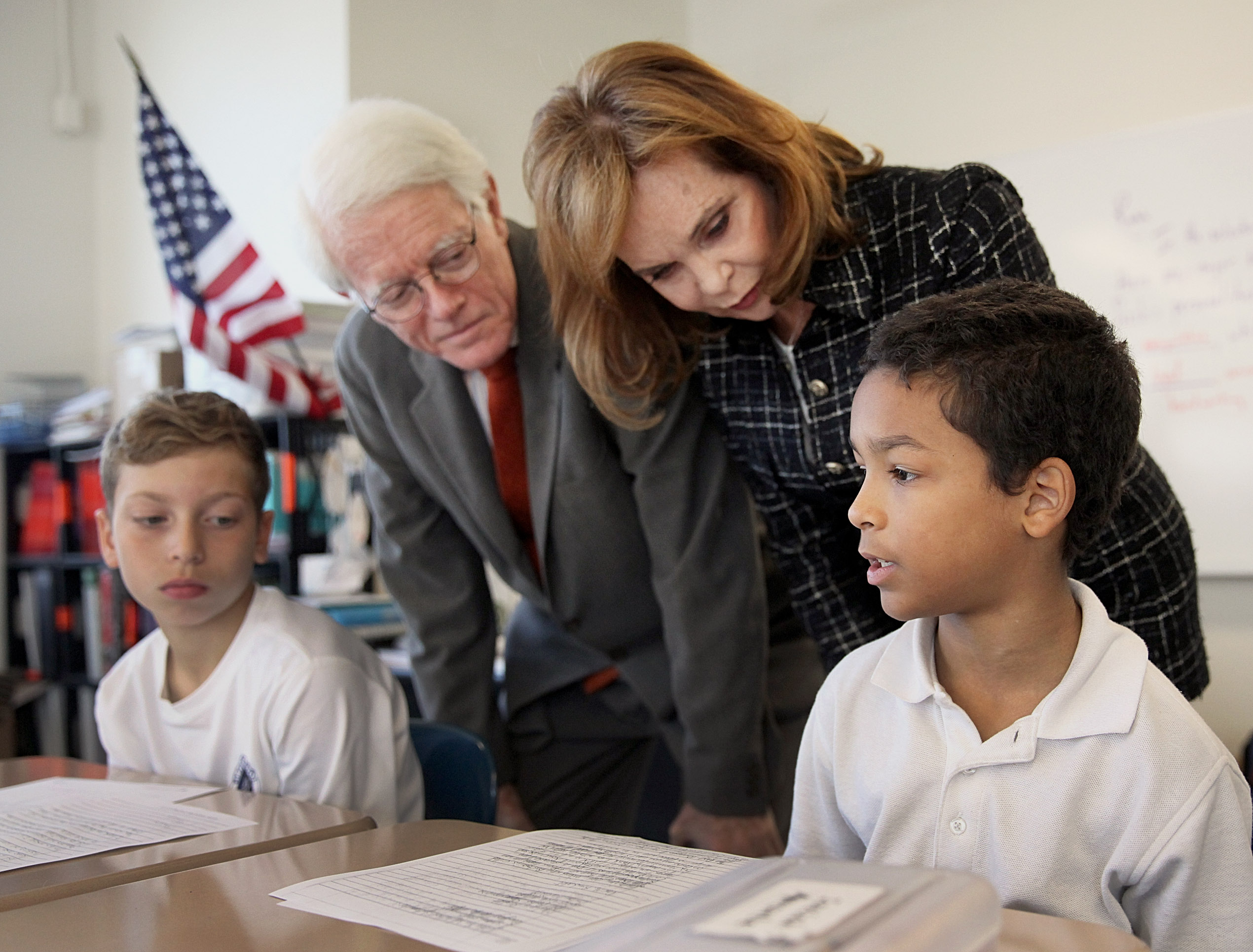 Peter and Carolyn Lynch visited fifth-graders Nico Morreale (left), and Isaiah Almonte.