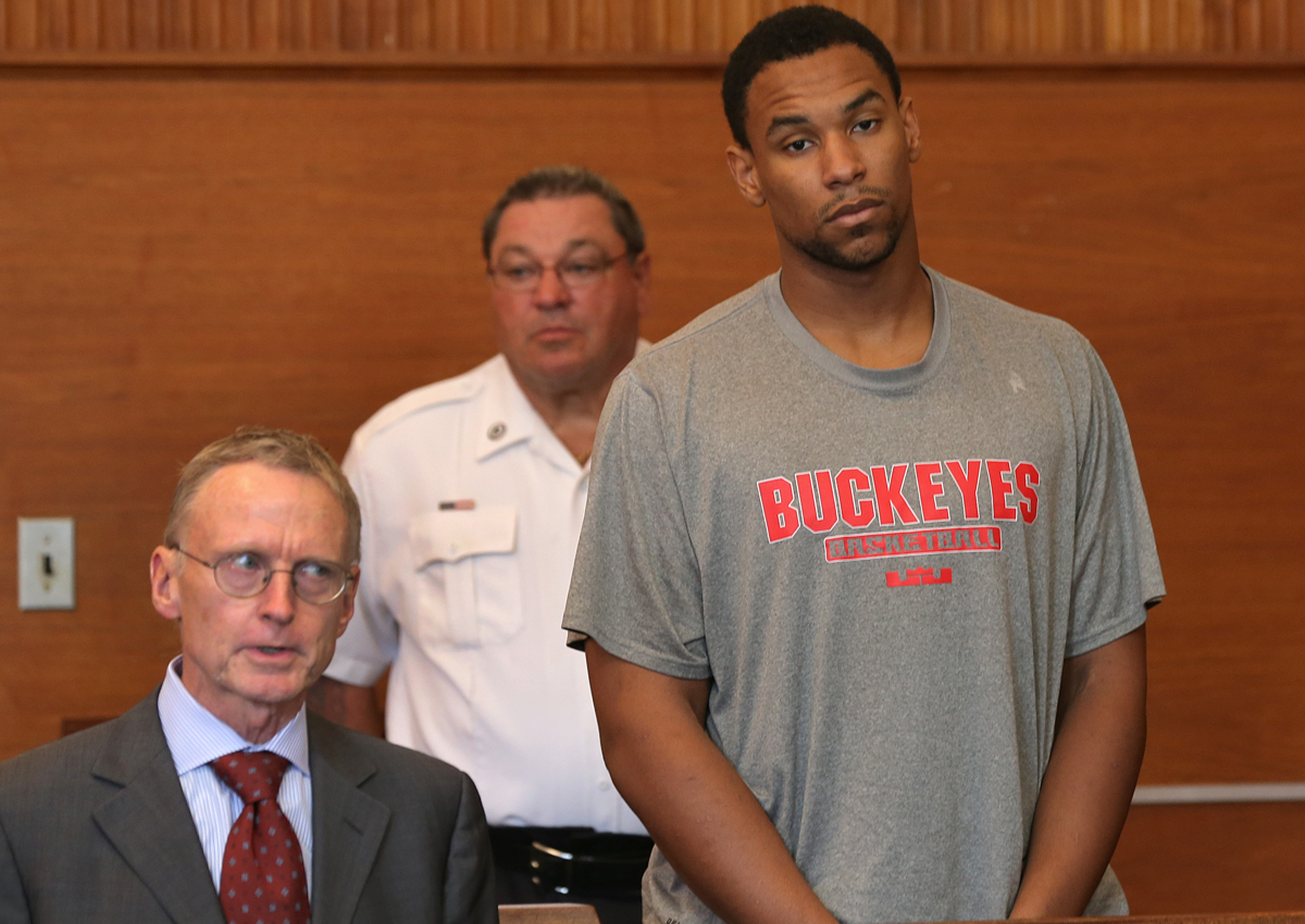 Jared Sullinger of the Boston Celtics was arraigned in Waltham District Court accompanied by his lawyer.