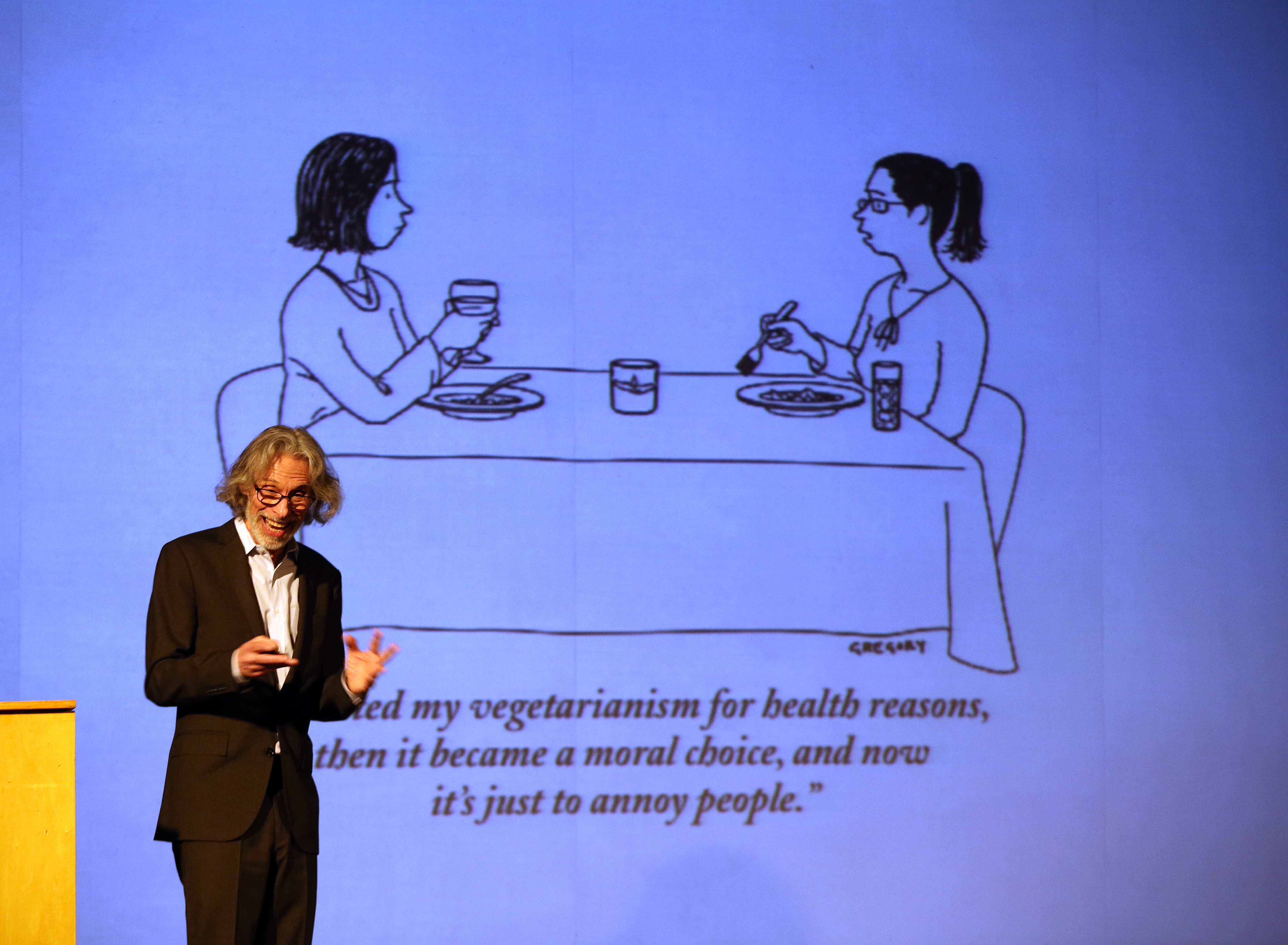 Bob Mankoff at the Brattle Theatre last week, where he talked about his cartooning career, what’s funny, and his new book covering all that and more.