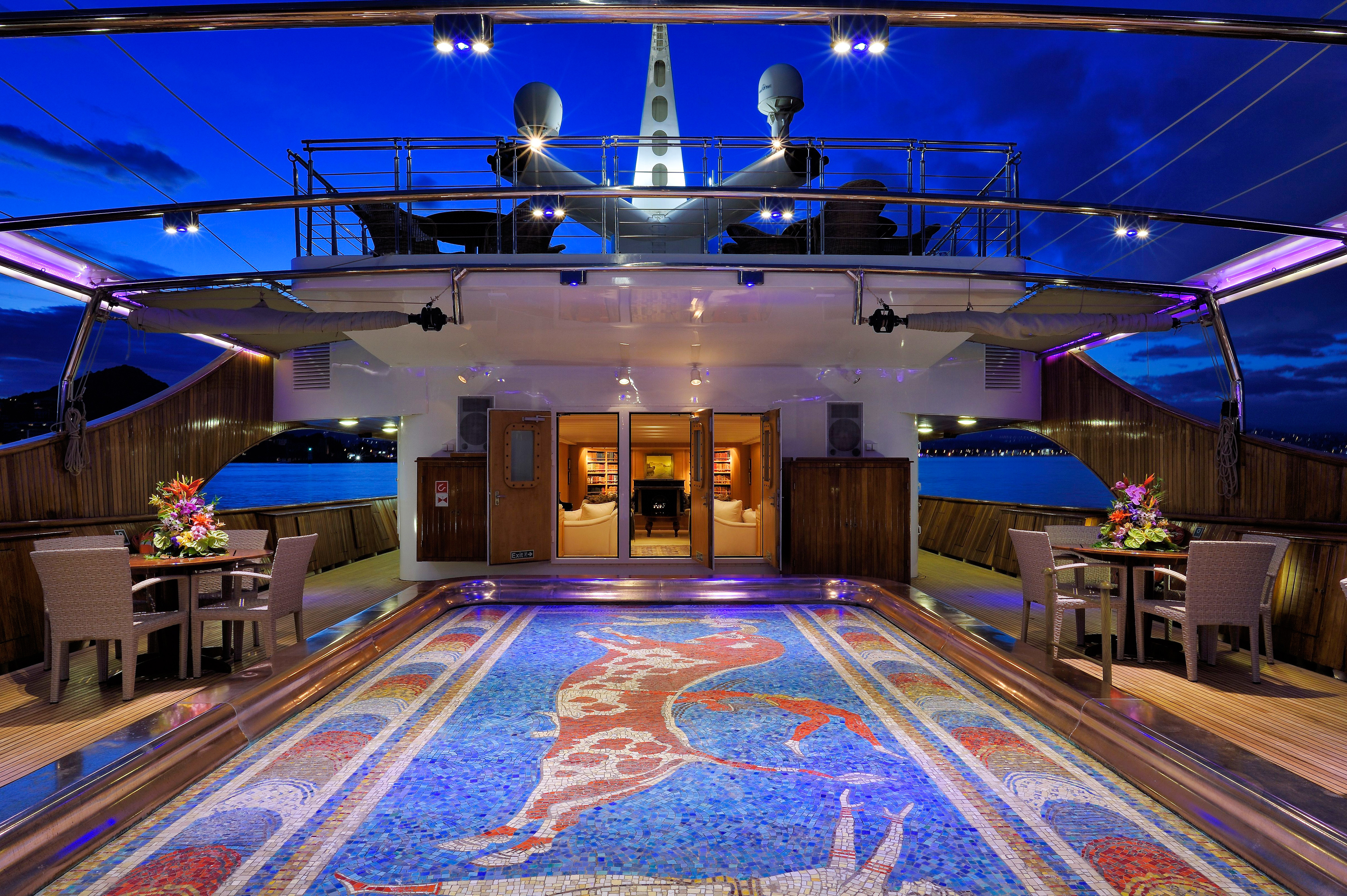 The dance floor aboard the Christina O. Underneath is a swimming pool.