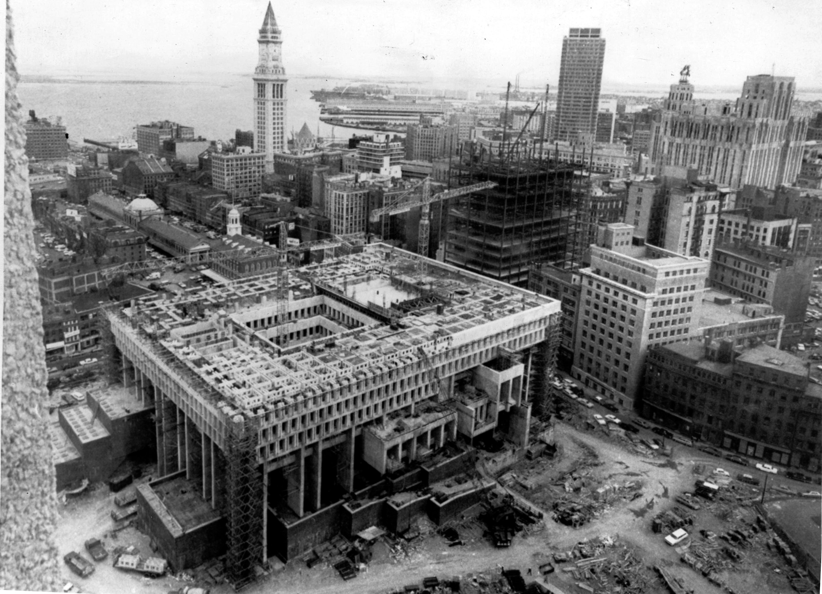 City Hall under construction in 1967, with the Custom House tower behind it.