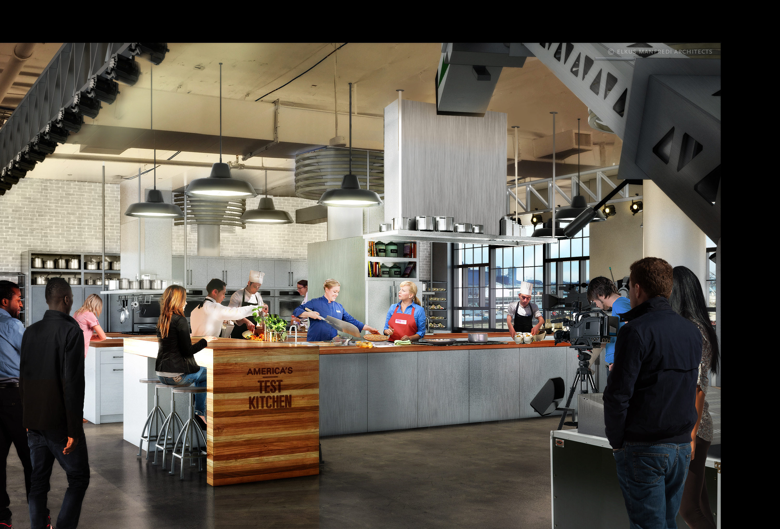A rendering of the interior view of the new America's Test Kitchen location in the Seaport District.