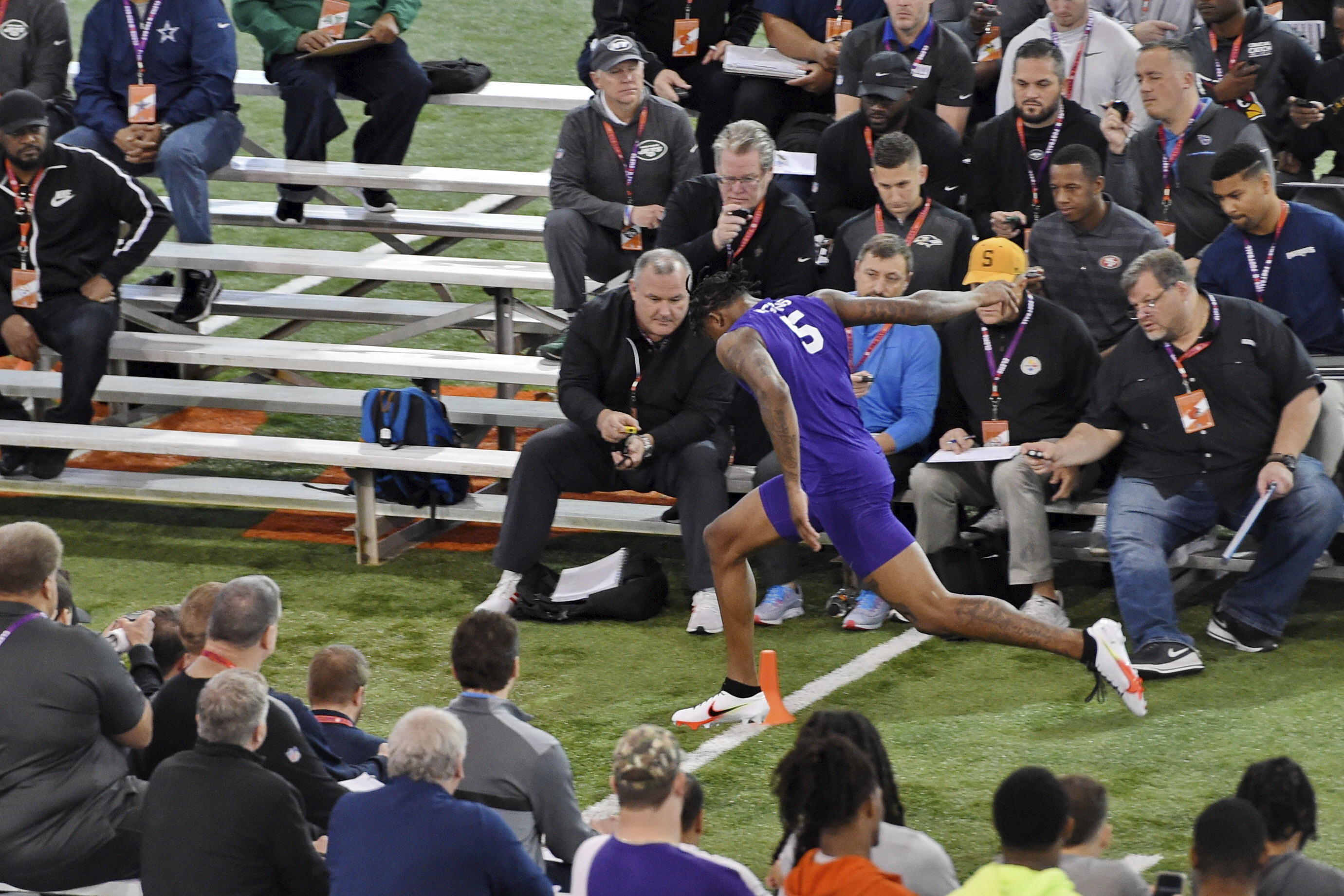 Clemson football player Tee Higgins runs the 40-yard dash during NFL Pro Day Thursday.