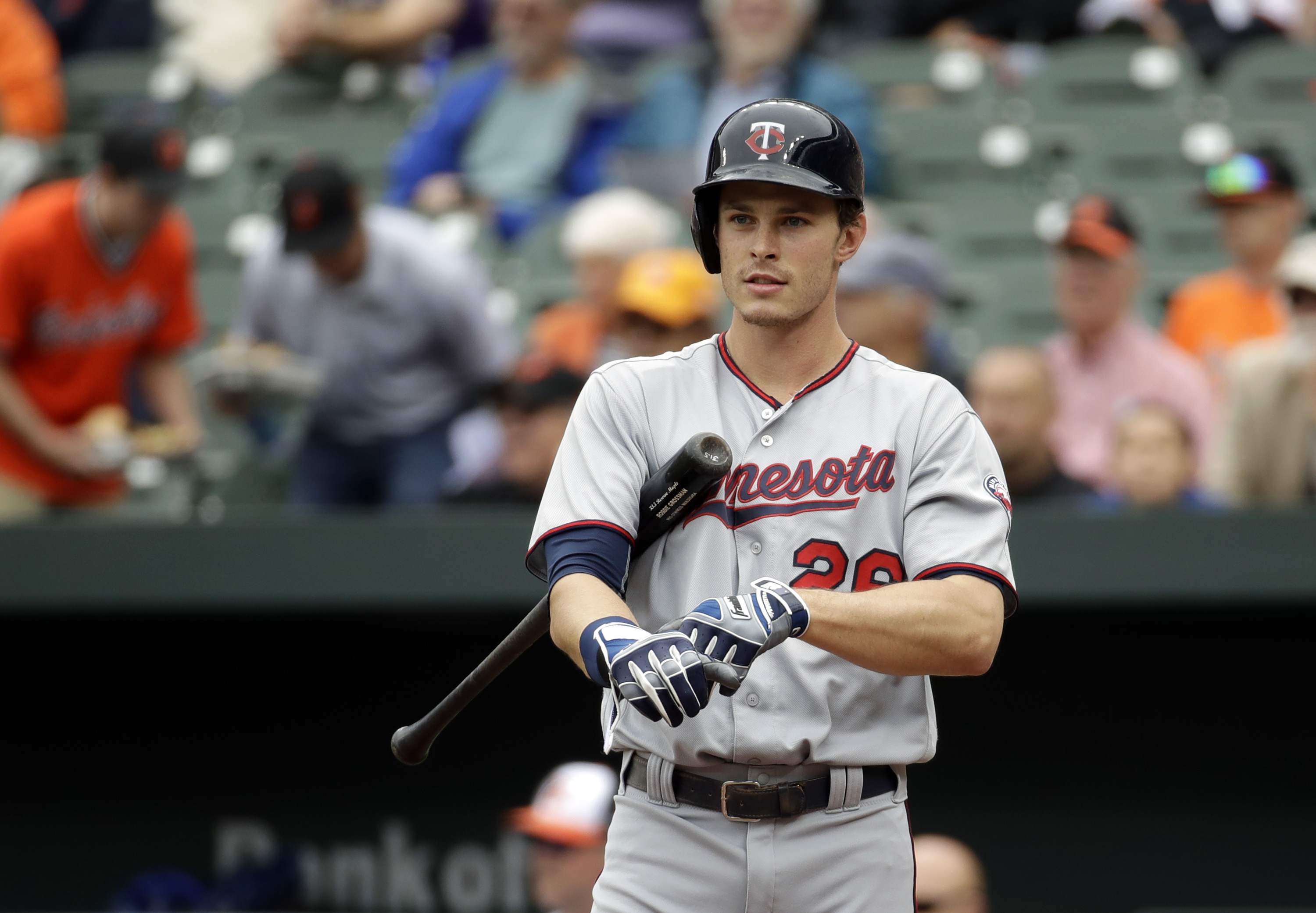 Minnesota’s Max Kepler took a moment to adjust his gloves during a game in May.