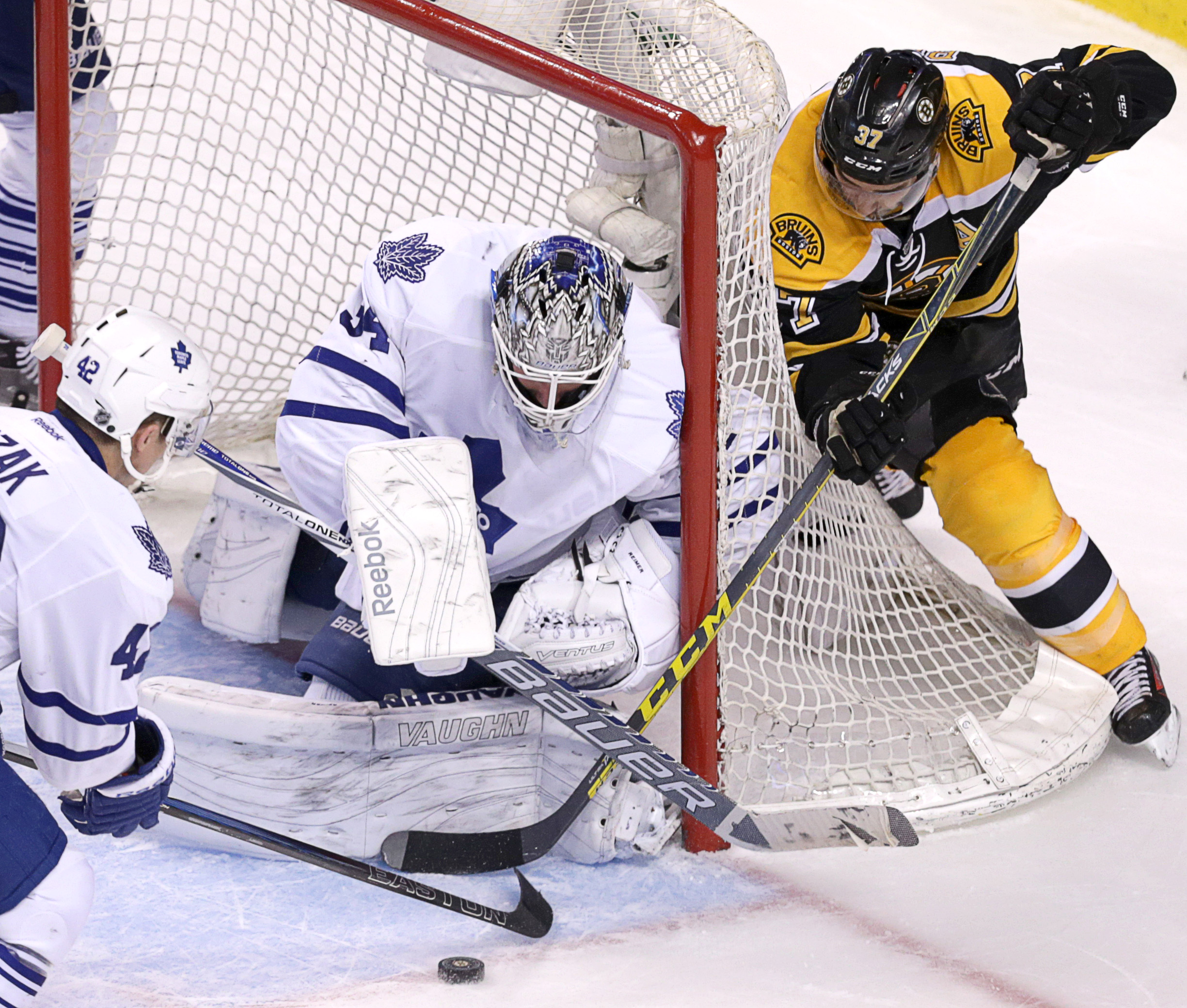 Patrice Bergeron was unsuccessful in this attempt to beat Toronto’s James Reimer — but the Bruins All-Star did get the last laugh on the Maple Leafs.