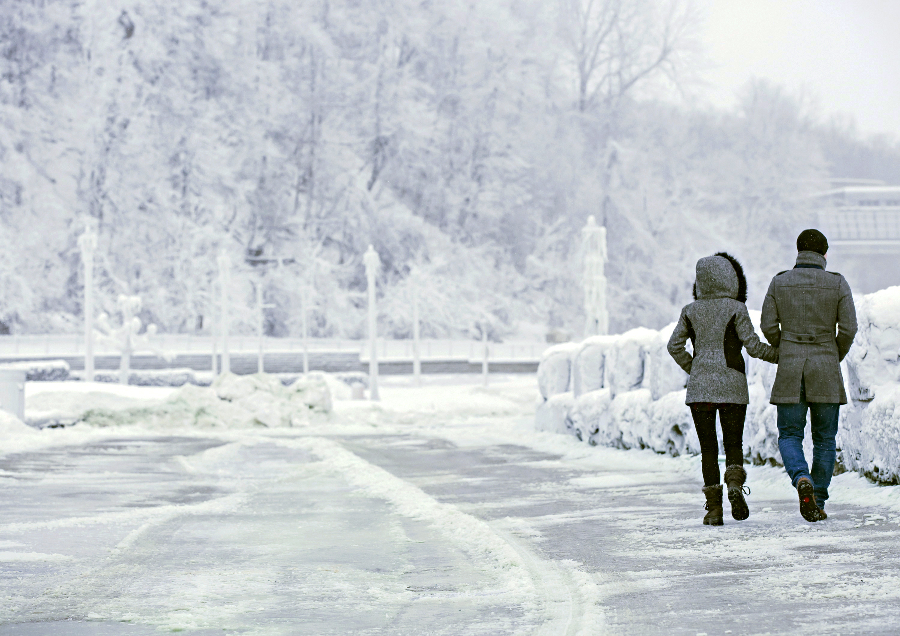 A couple walked near the brink of the Horseshoe Falls.