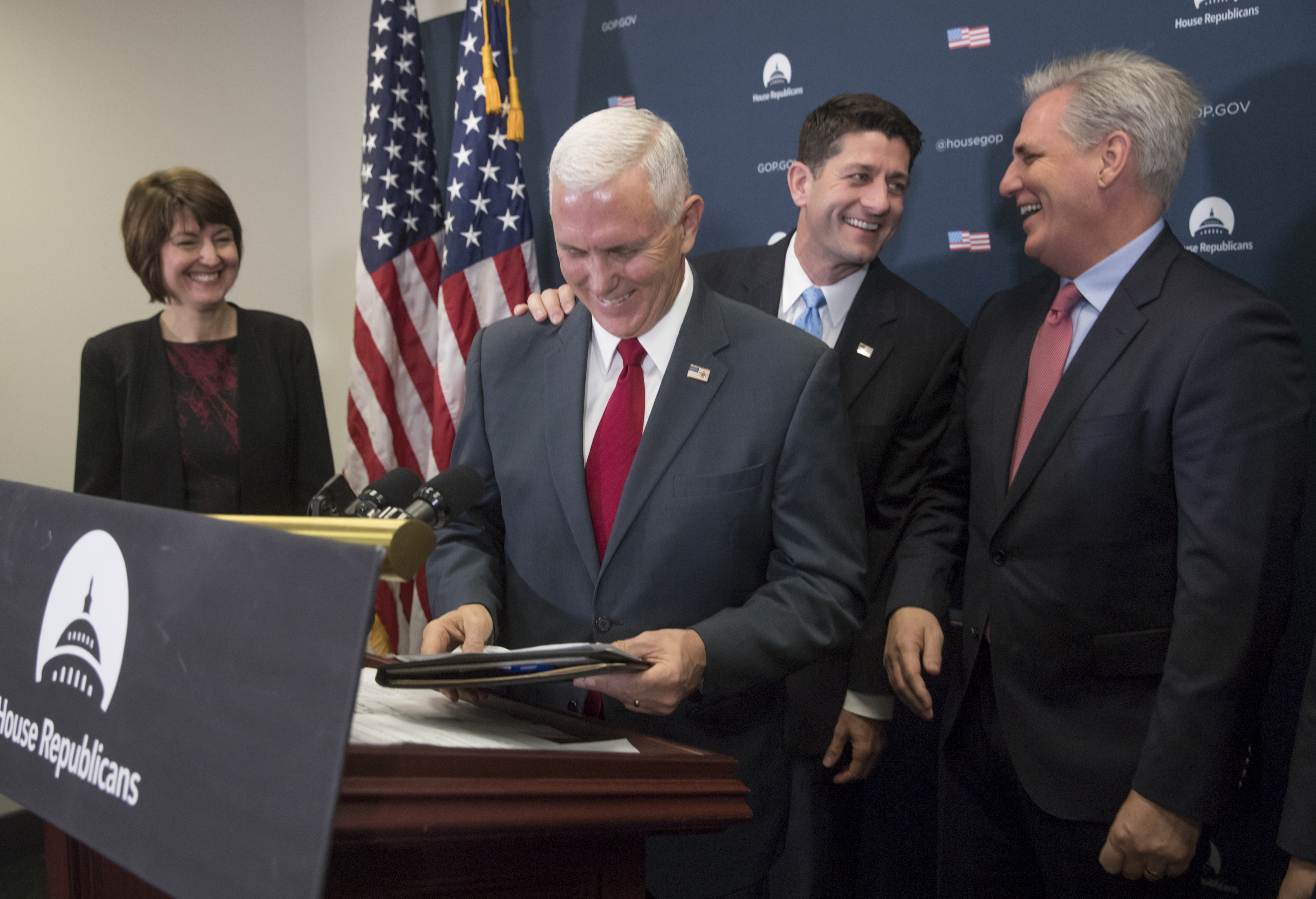 Vice President-elect Mike Pence met with Rep. Cathy McMorris Rodgers, House Speaker Paul Ryan, and House Majority Leader Kevin McCarthy on Wednesday.