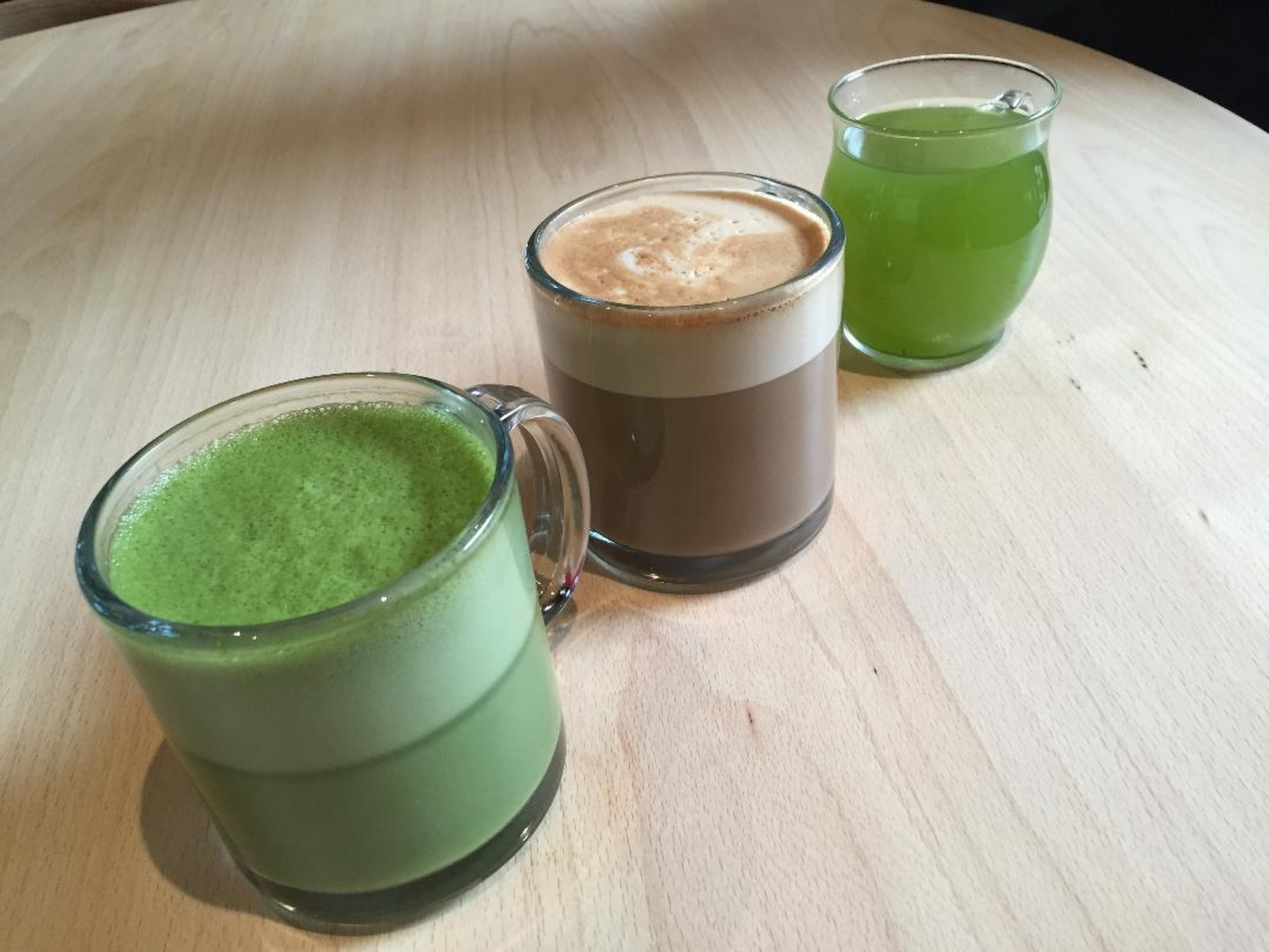 Matcha tea latte, miso latte, and umami green tea.