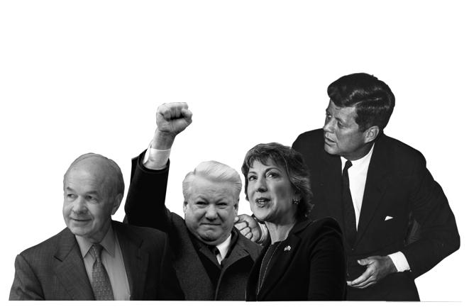 Charismatic politicians and visionary CEOs often struggle to deliver on their promises. From left: Enron’s Kenneth Lay, Russian President Boris Yeltsin, Hewlett-Packard’s Carly Fiorina, and President John F. Kennedy.