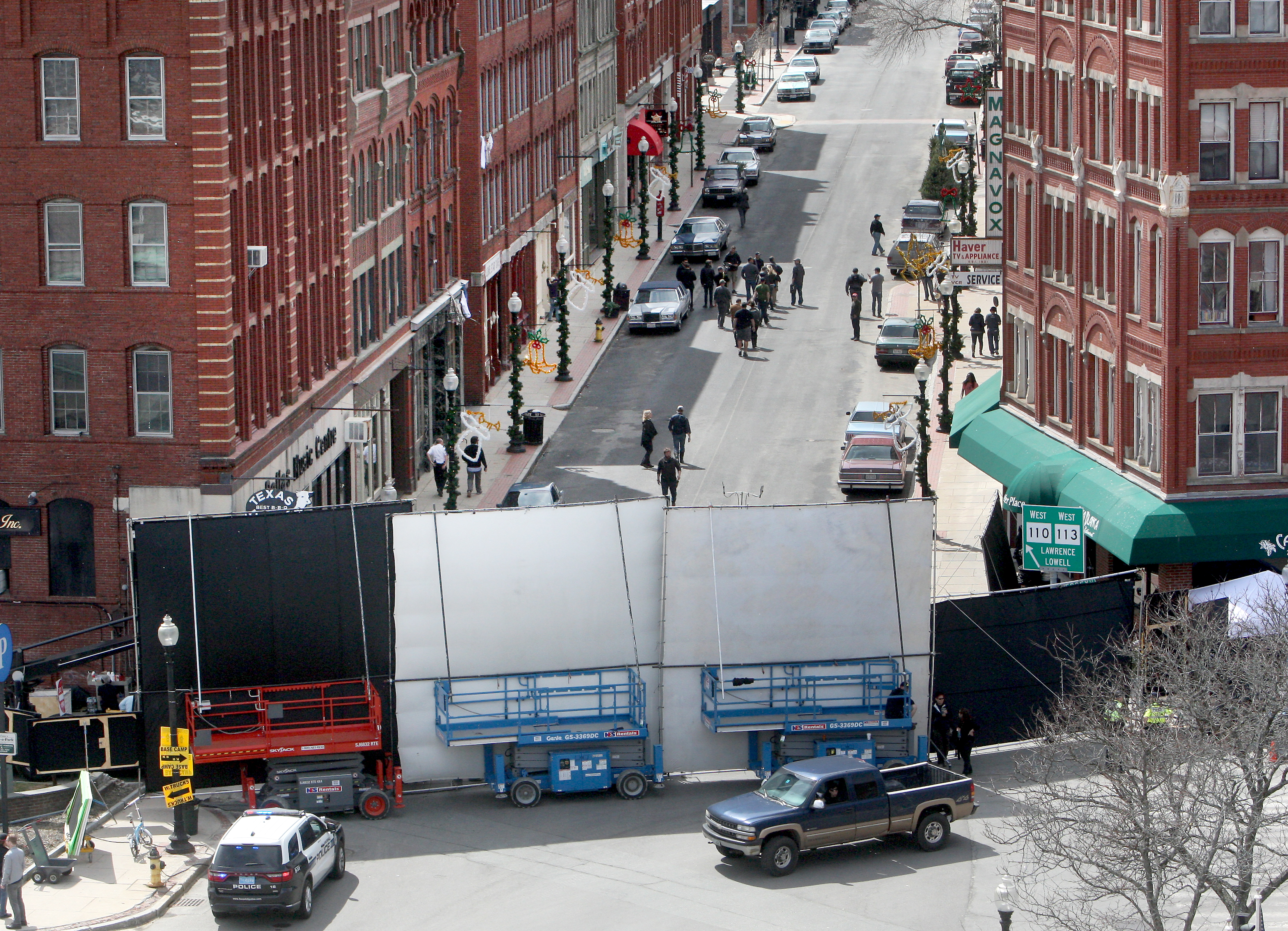 Washington Street in Haverhill, decorated for Christmas, was blocked off for the filming of the movie “Joy.”