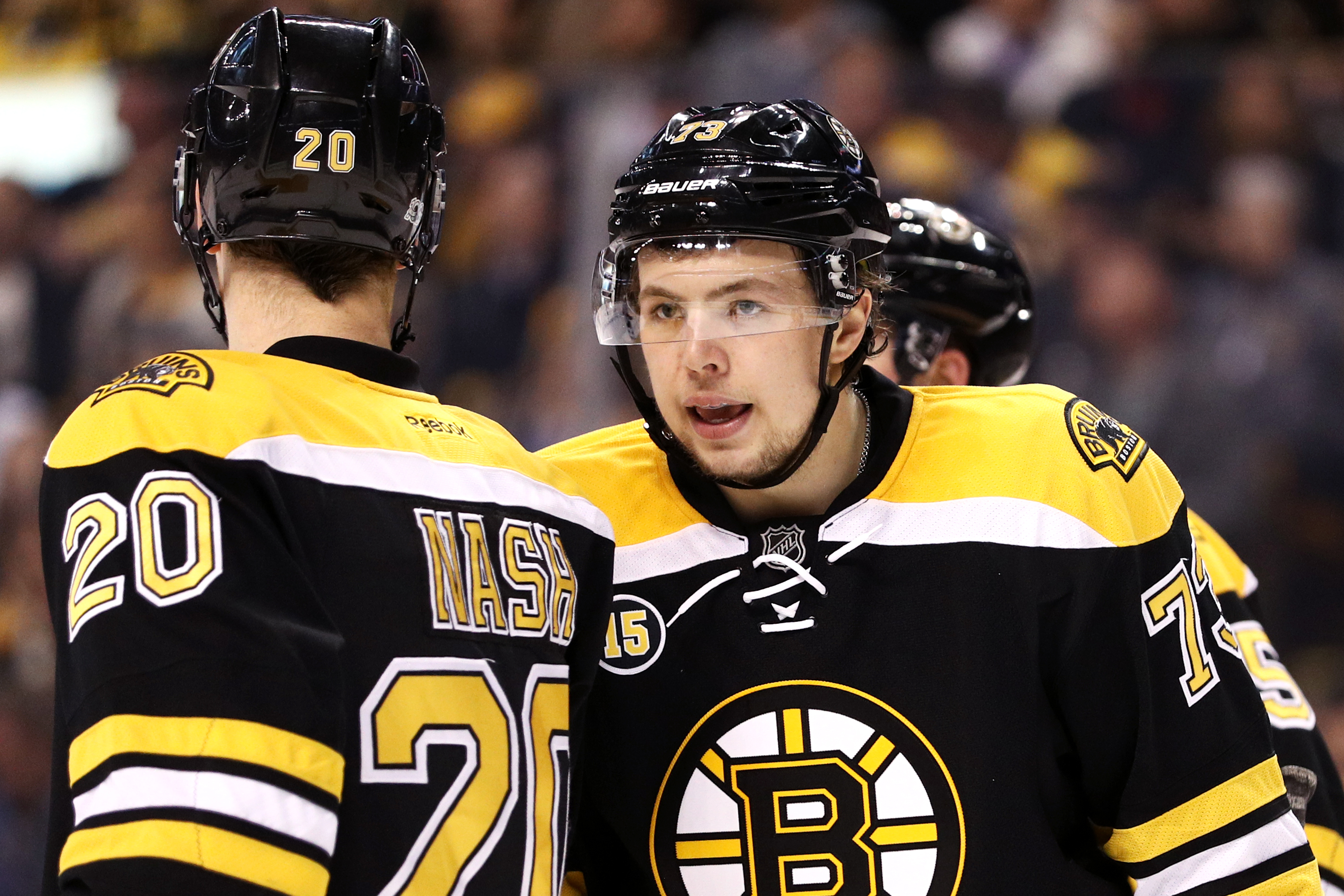 An offside review in the second period thwarted Charlie McAvoy (right) from celebrating his first NHL goal.