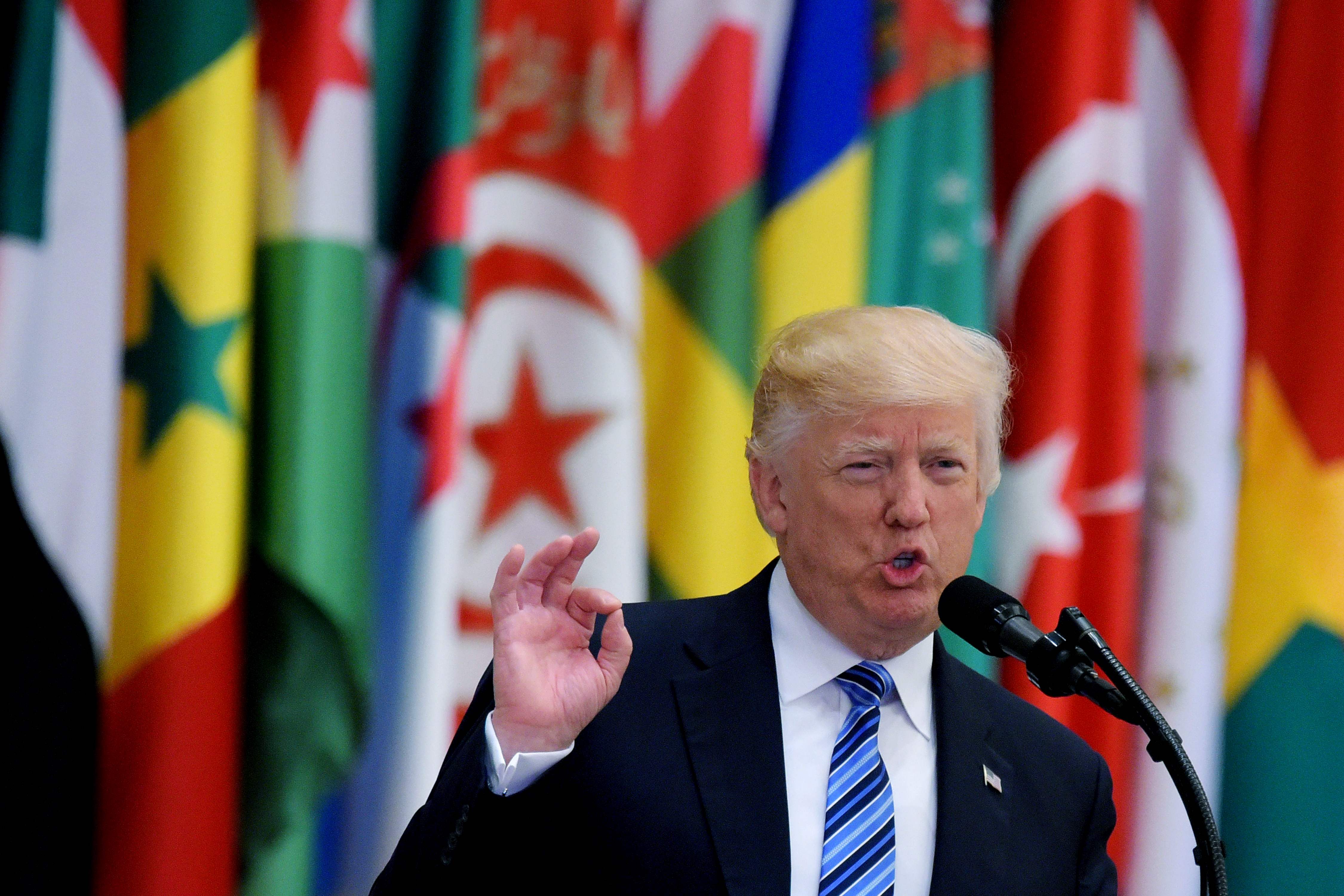 President Trump, speaking in Saudi Arabia, urged Muslim nations to drive away the “foot soldiers of evil.”