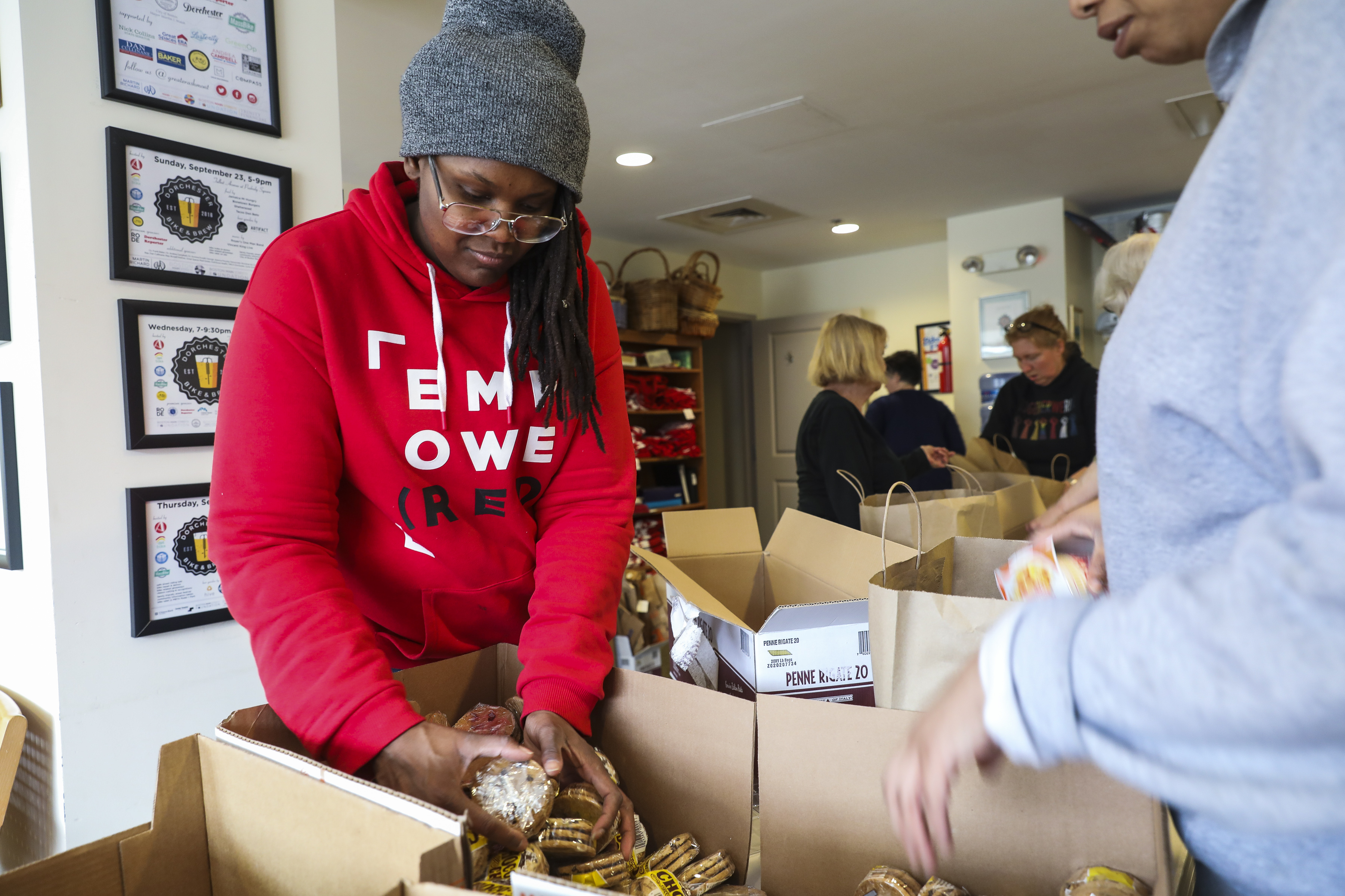 Joy Gary bagged food for students and families who may need it in the event BPS shuts down classes in the near future.