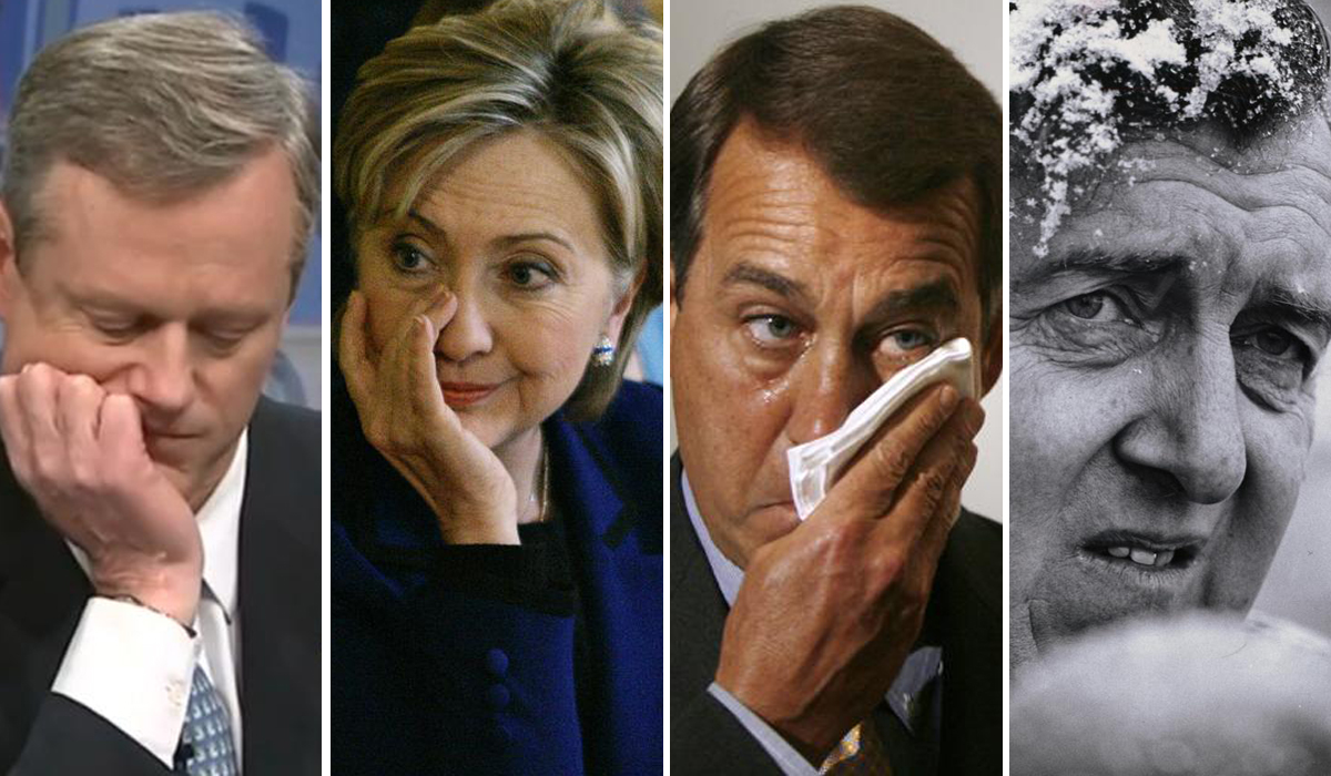 Charlie Baker’s show of emotion recalled those of Hillary Rodham Clinton, John Boehner, and Edmund Muskie. Photos (clockwise from top left) by WCVB-TV, Elise Amendola/Associated Press, Jason Reed/Reuters, and Mike Lien/New York Times