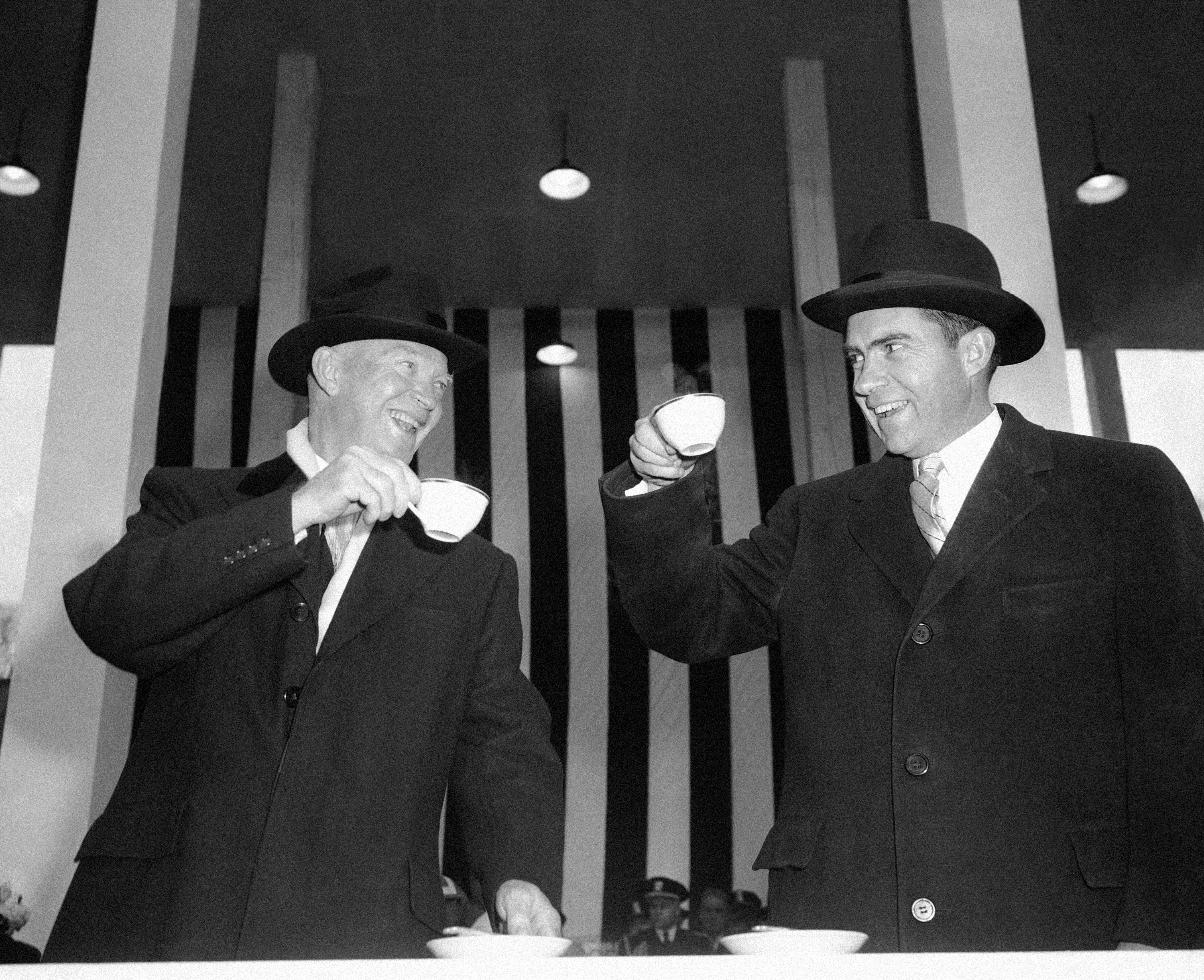 President Dwight Eisenhower and Vice President Richard Nixon appeared to be toasting one another over cups of hot coffee in Washington, D.C., on Jan. 21, 1957.