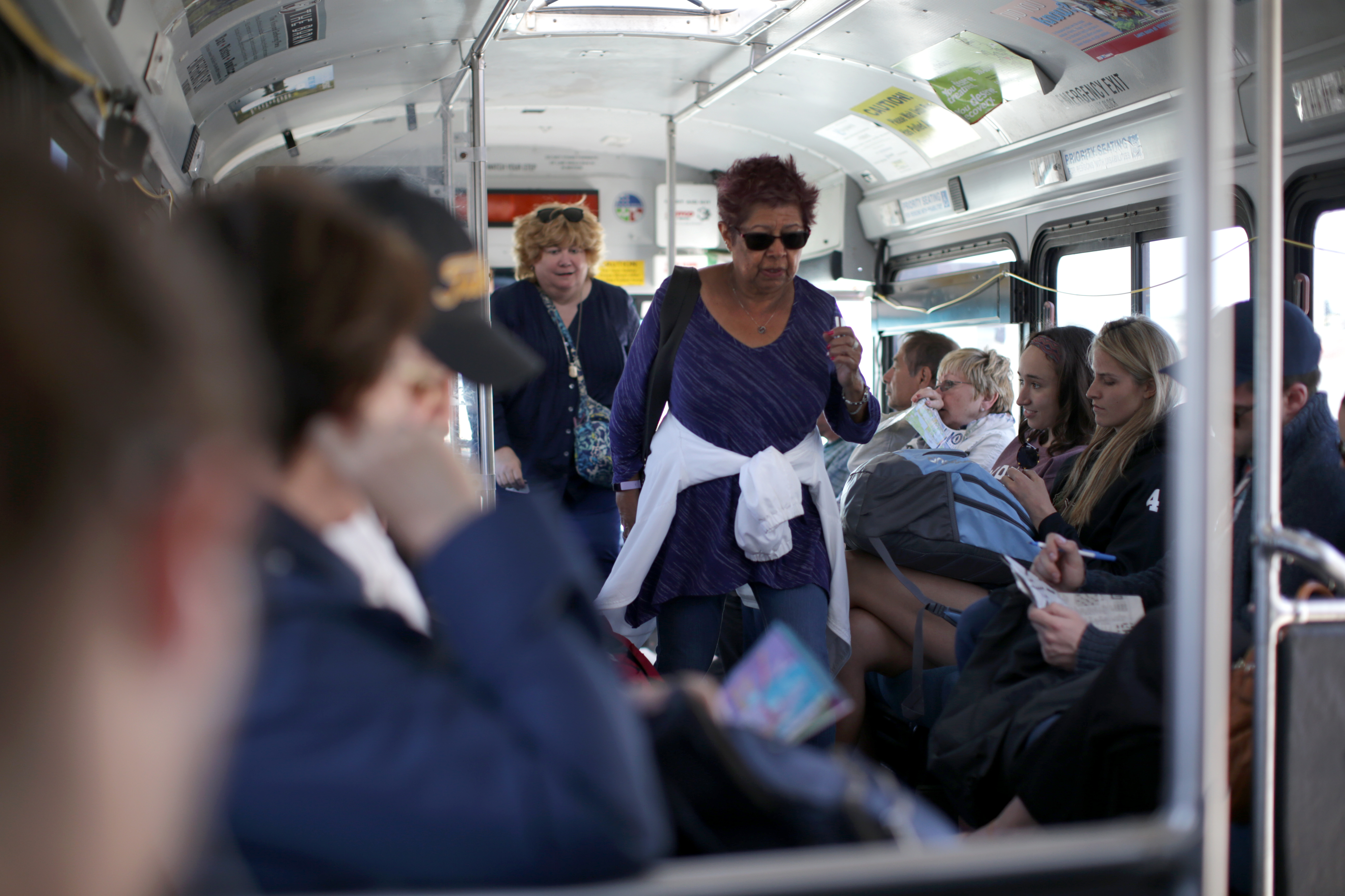 Passengers on a bus in Vineyard Haven.
