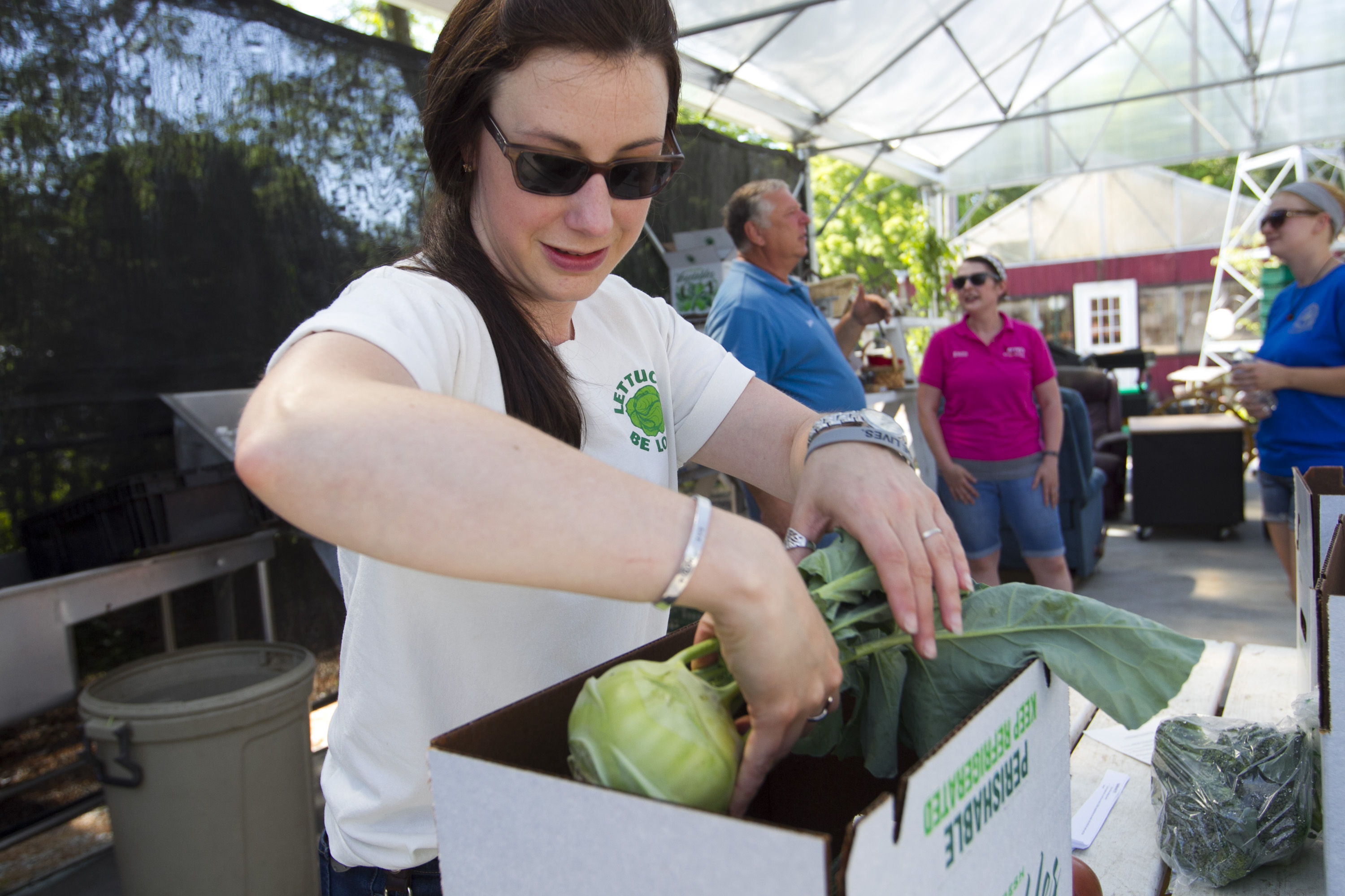 Lynn Stromberg, cofounder of Lettuce Be Local, packs vegetables at a CSA pickup at Harvey’s Farm & Garden Center in Westborough.