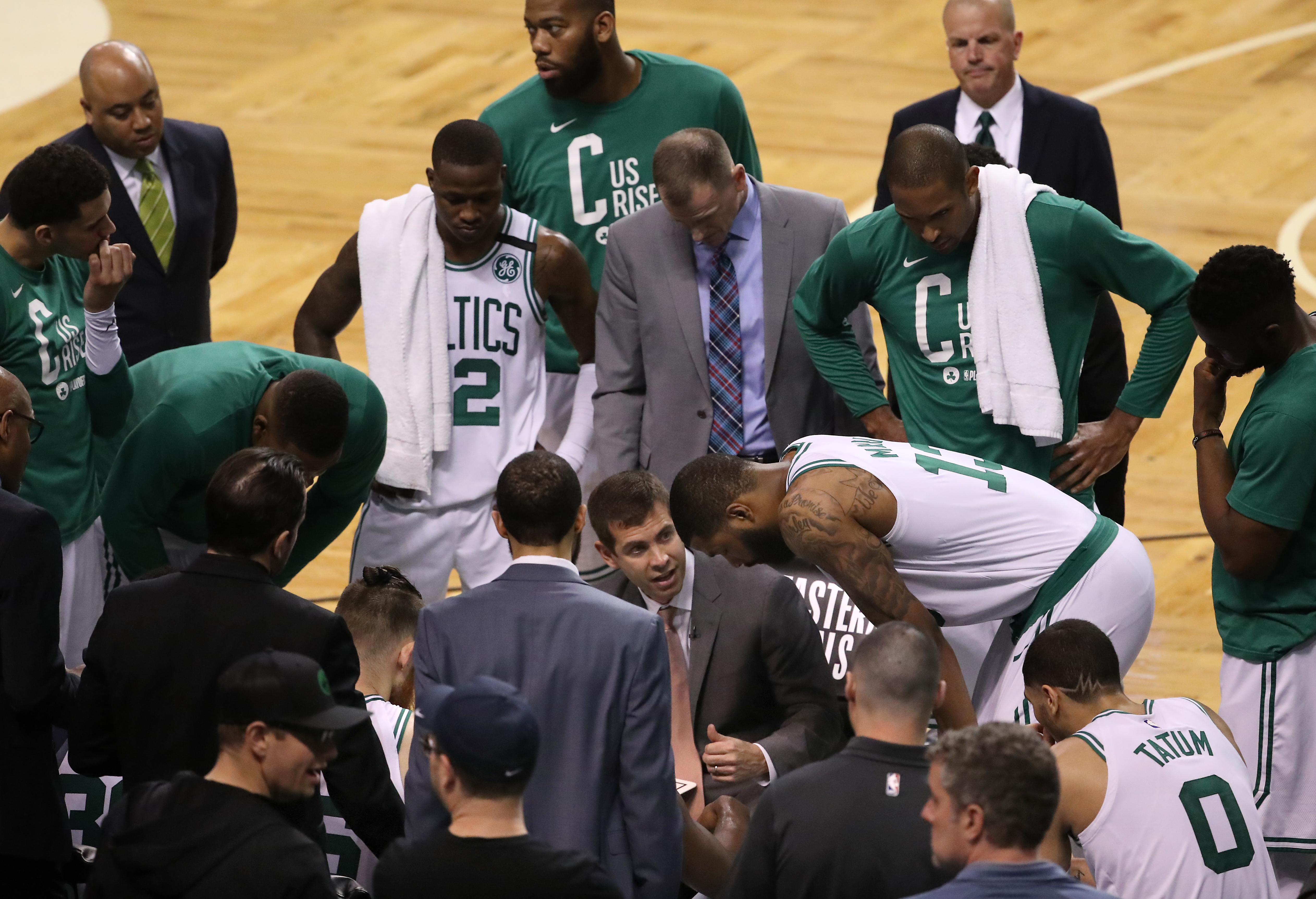 Brad Stevens with his players during a timeout against the Cleveland Cavaliers in Game 7 of the Eastern Conference championship in May. The Celtics lost the game, 87-79.