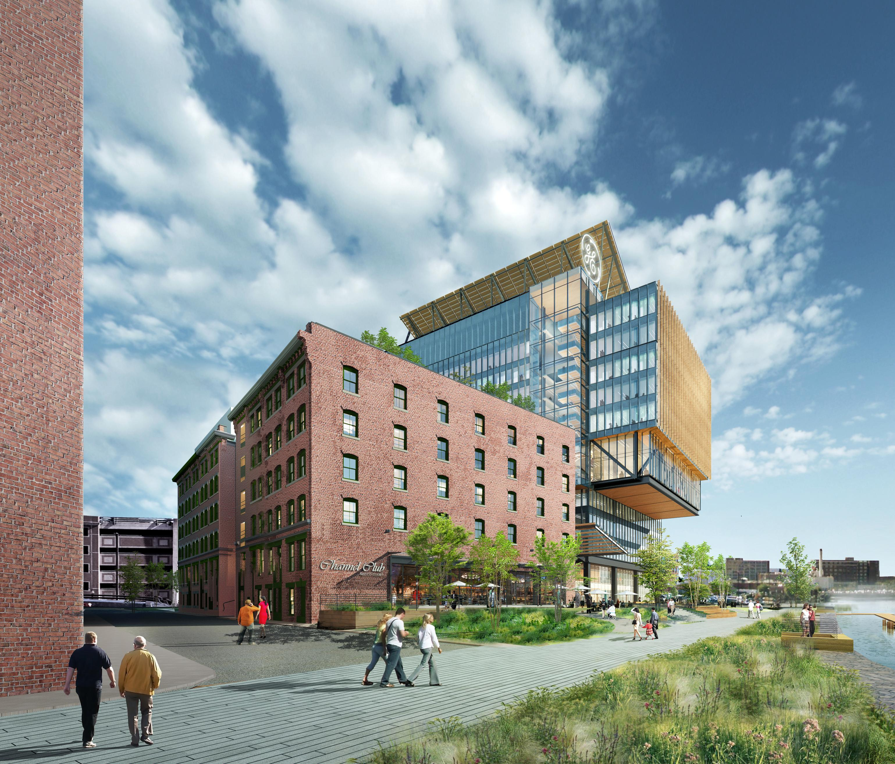 Rendering of the new headquarters General Electric plans to build along Fort Point Channel.
