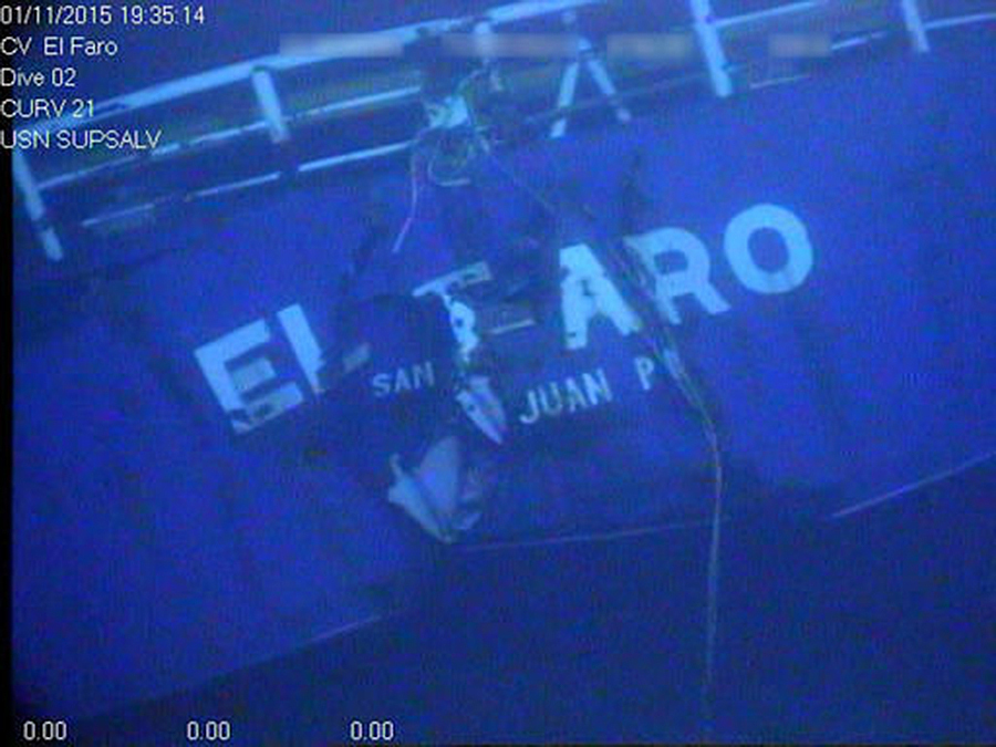 An undated image made from a video by the National Transportation Safety Board shows the stern of the sunken ship El Faro.