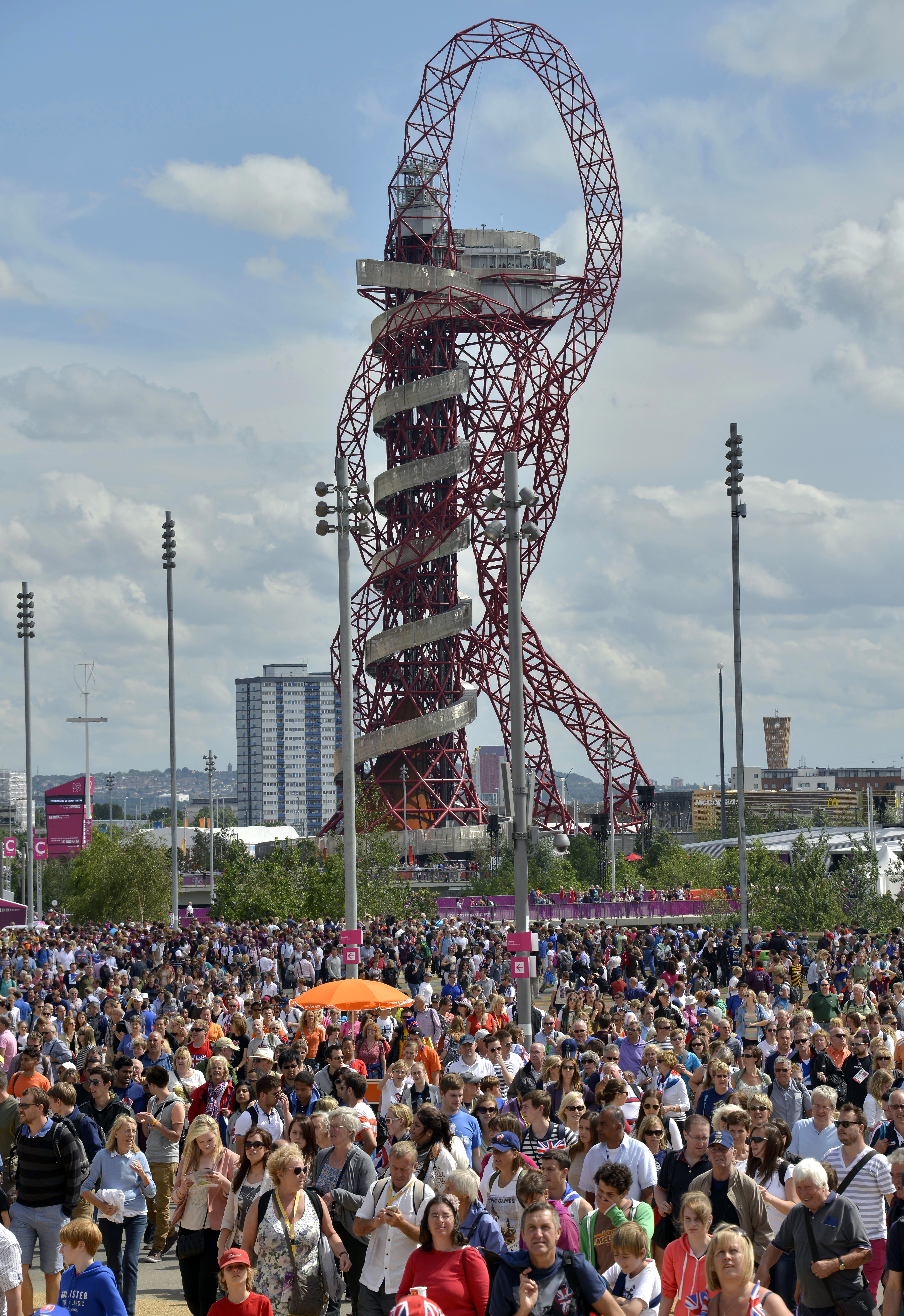 The 376-foot Orbit observation tower is a permanent park exhibit and London’s largest piece of public art.