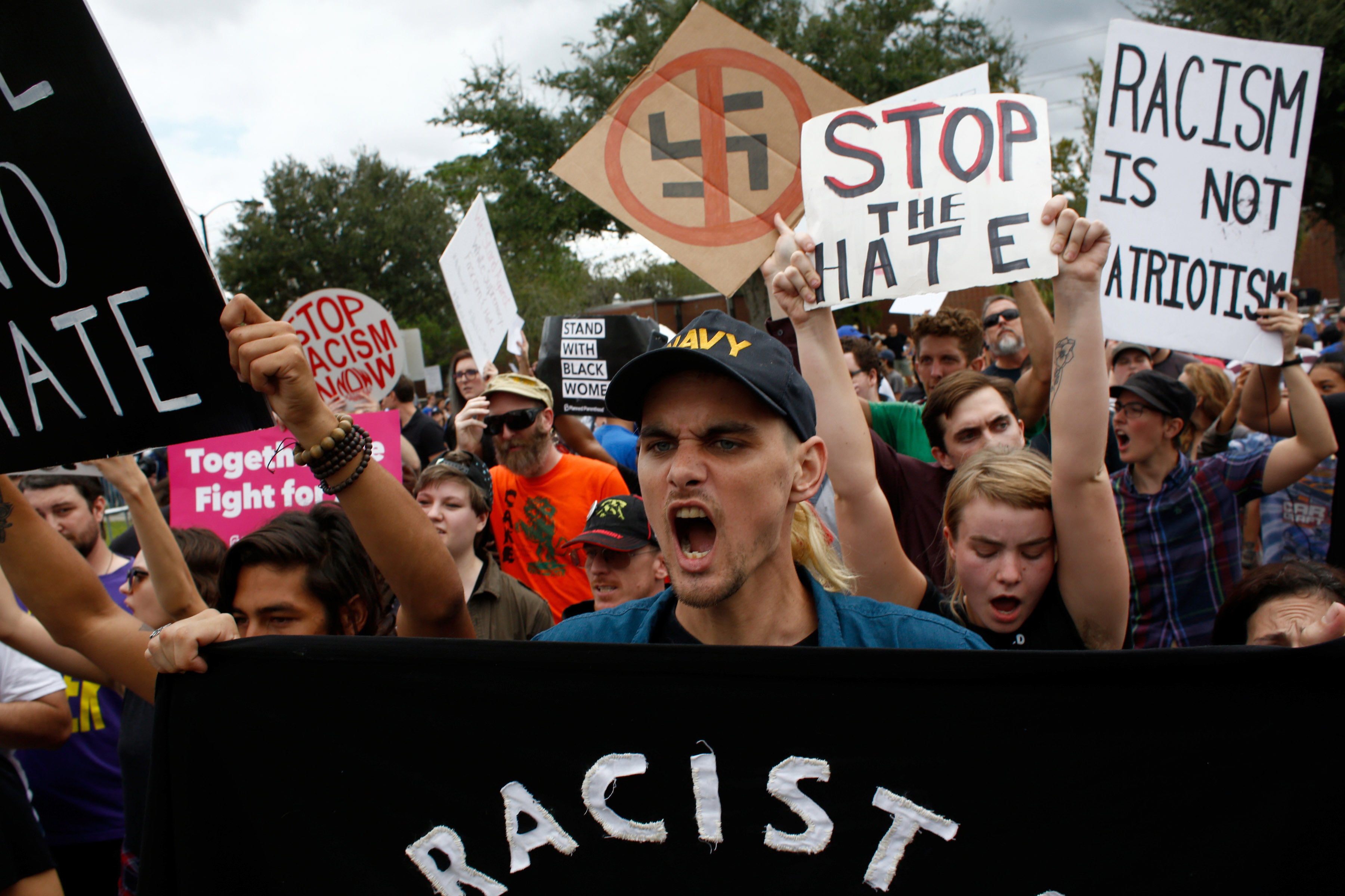 Demonstrators gathered at the site of a planned speech by white nationalist Richard Spencer.