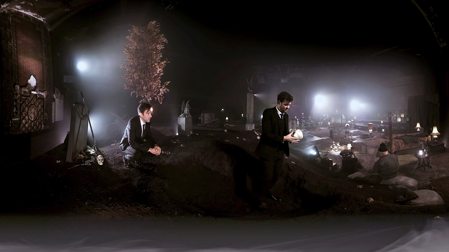 Hamlet (Jack Cutmore-Scott) confronts mortality as he holds the skull of the court jester Yorick in “Hamlet 360.”