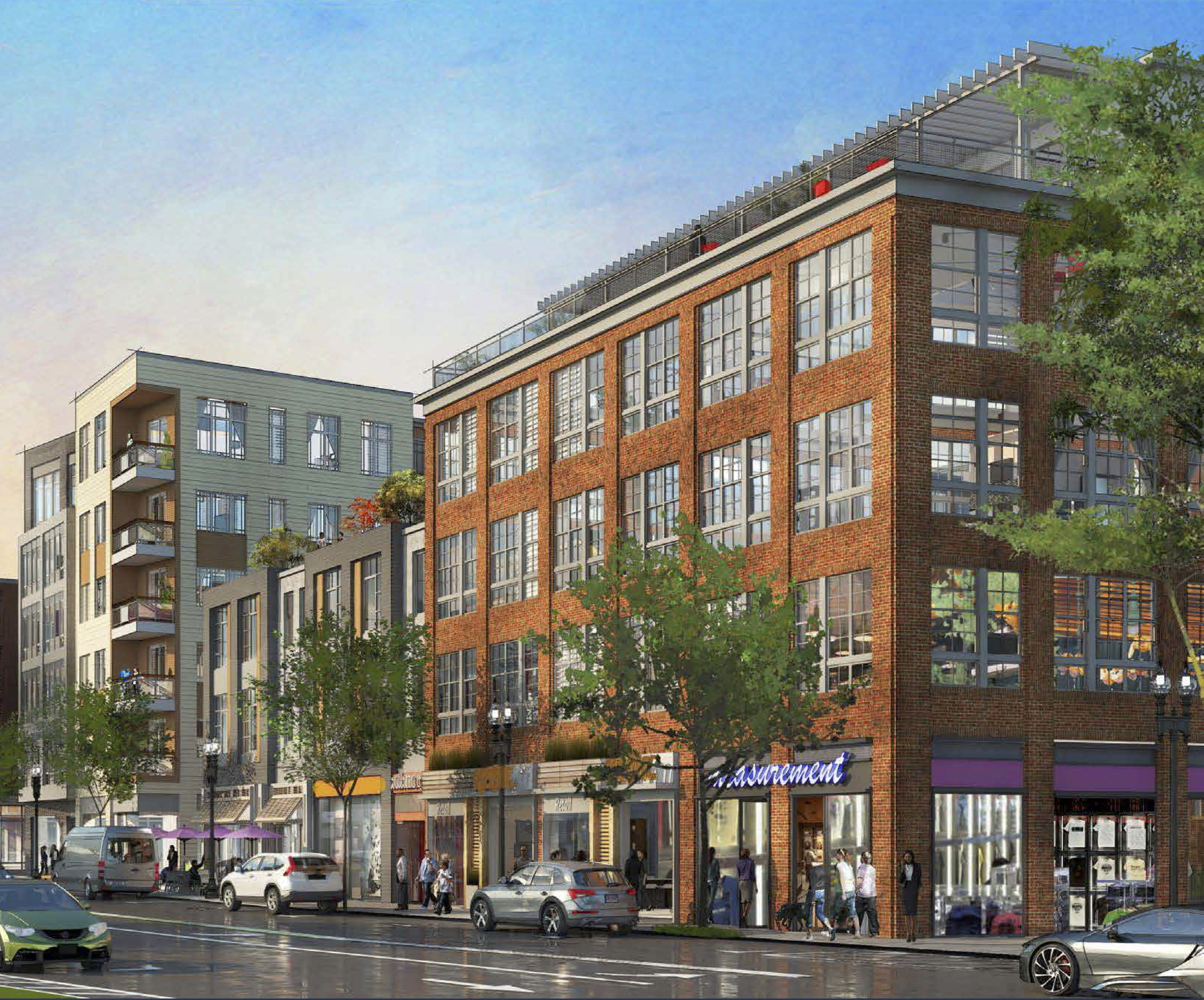 A rendering of the mix of retail and housing proposed for the corner of Dunstan and Washington streets in West Newton.