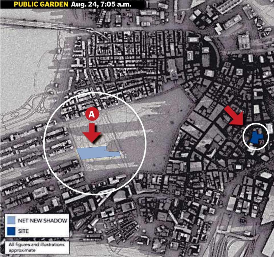 Millennium Partners created two shadows studies. Arrow A, above, shows the effect on the Public Garden, Arrow B, below, the effect on Boston Common.