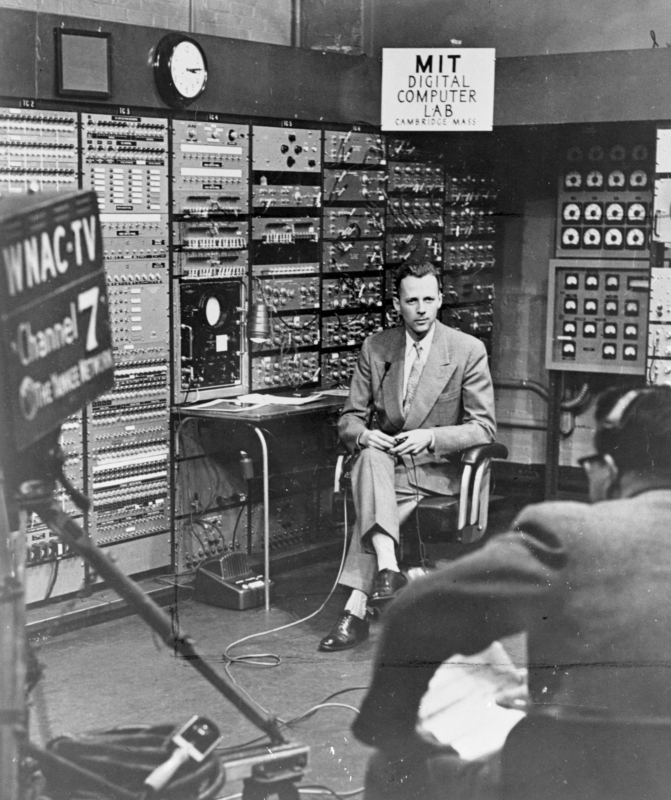 Professor Forrester during a television interview at MIT.