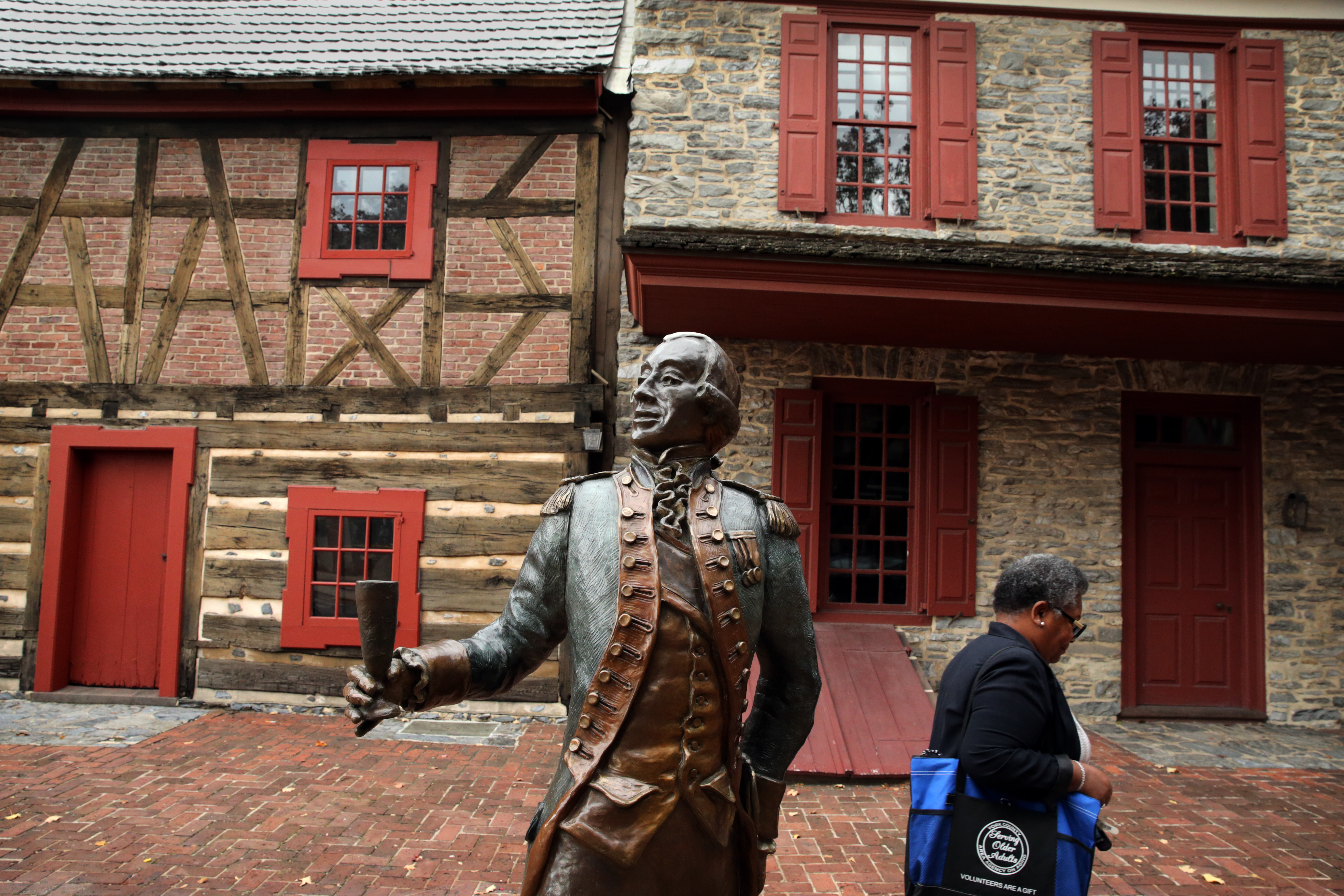 A statue of General Marquis de Lafayette stood outside Golden Plough Tavern and the Gates House, two of the oldest historical buildings in downtown York.