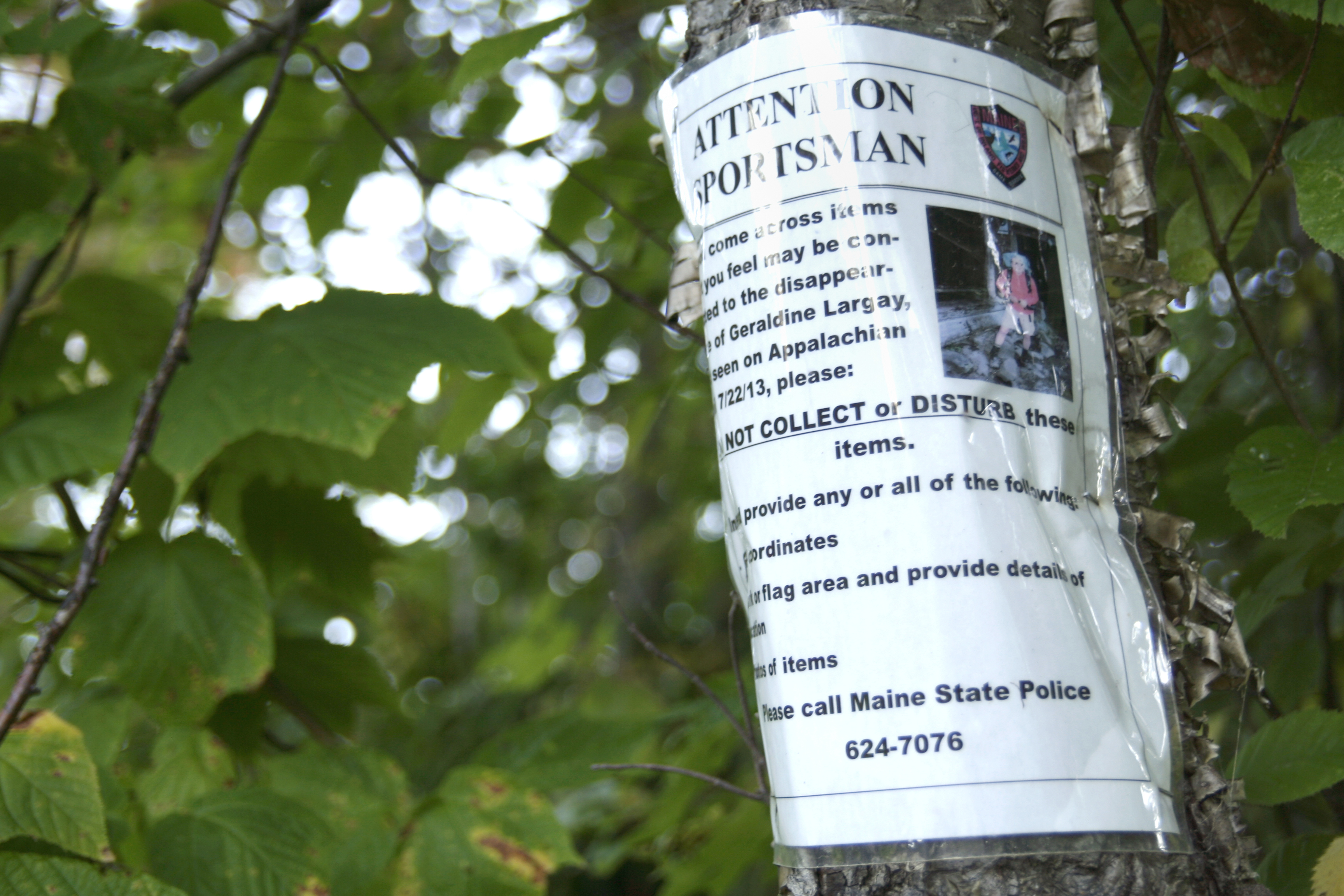 A flier of Gerry Largay tacked on a tree in the area.