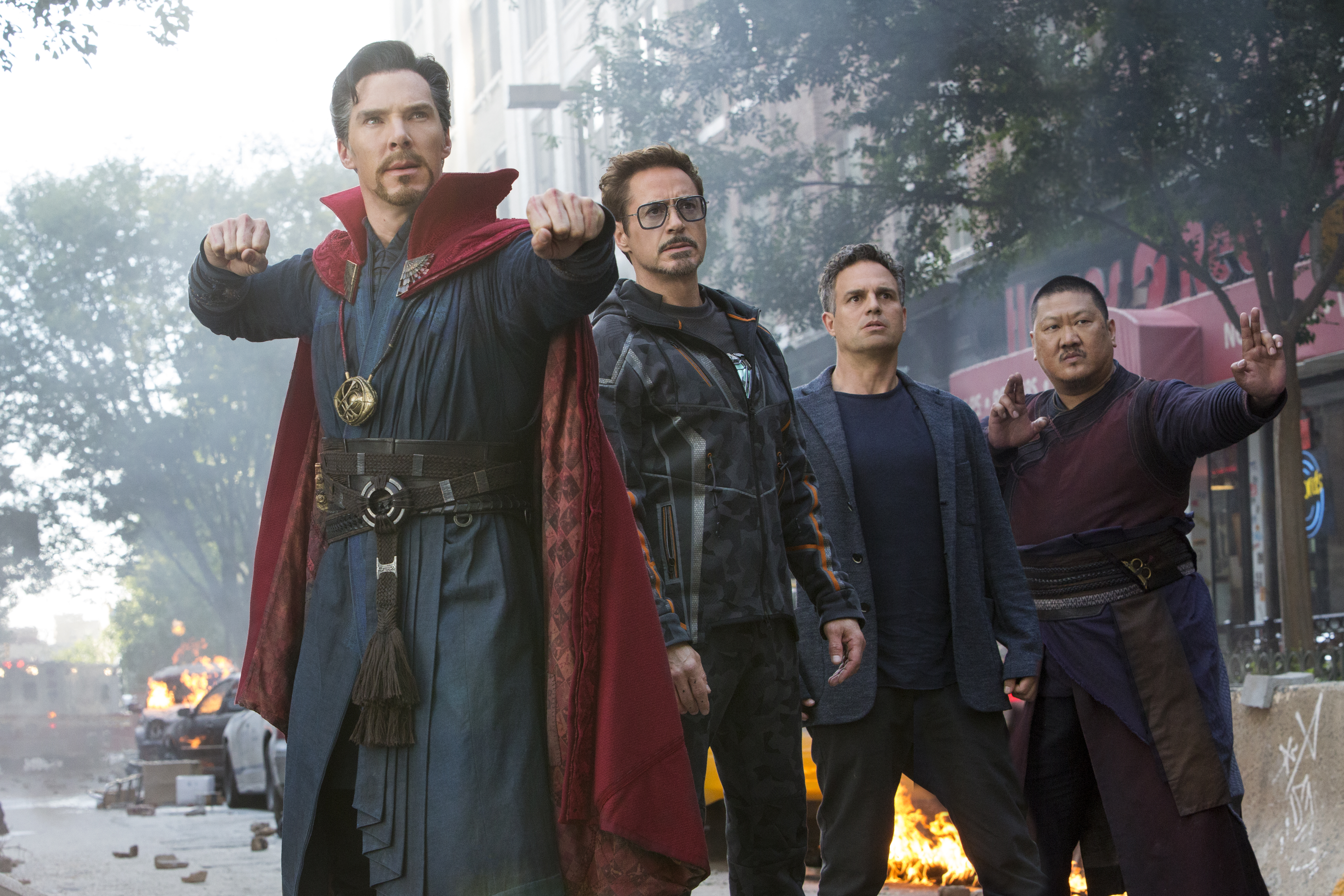 From left to right: Benedict Cumberbatch as Doctor Strange, Robert Downey Jr. as Iron Man/Tony Stark, Mark Ruffalo as Bruce Banner/the Hulk and Benedict Wong as Wong.