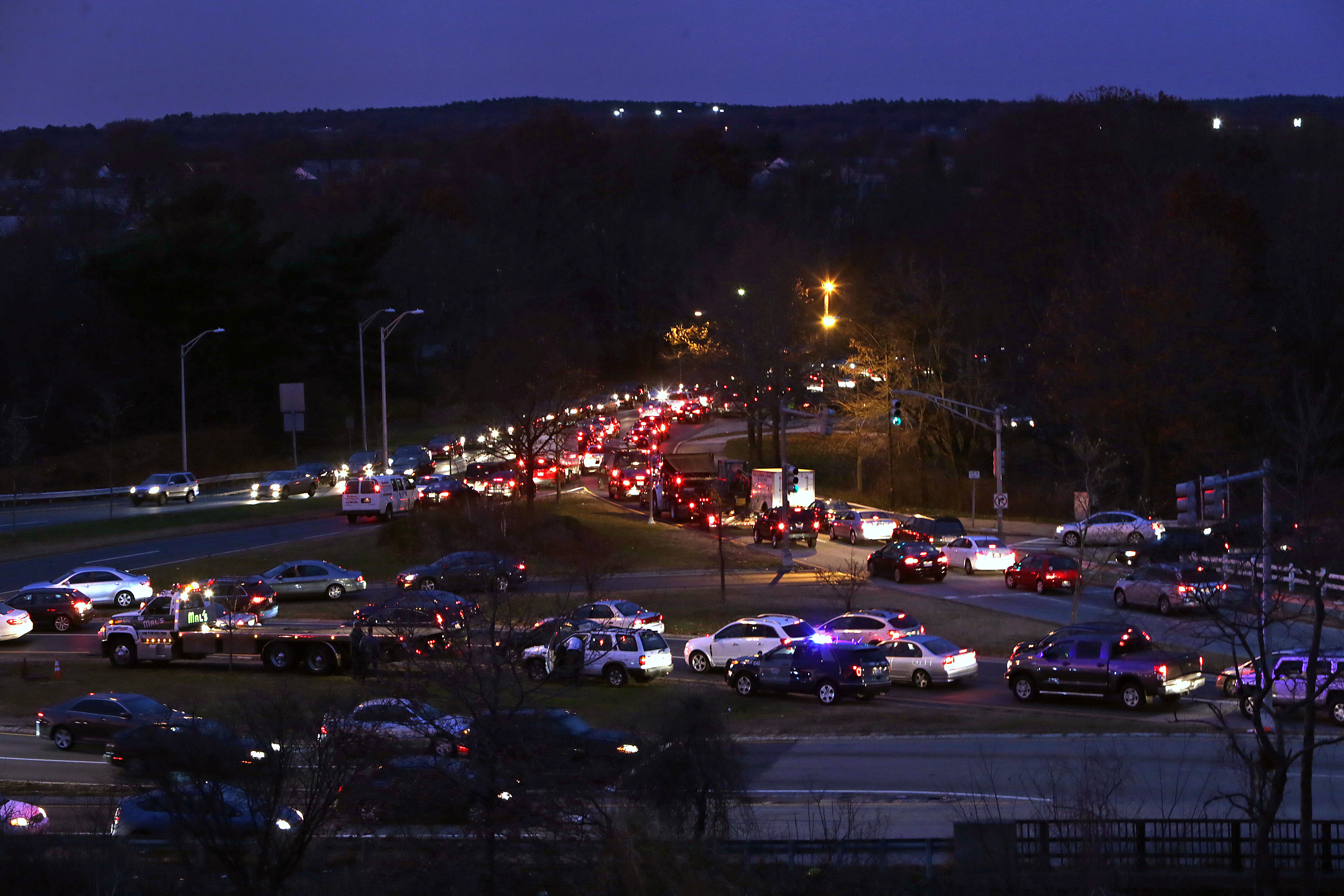 Traffic leaving and entering Cambridge near the intersection of Alewife Brook Parkway and Route 2 routinely creates logjams, as seen in this late November tie-up.