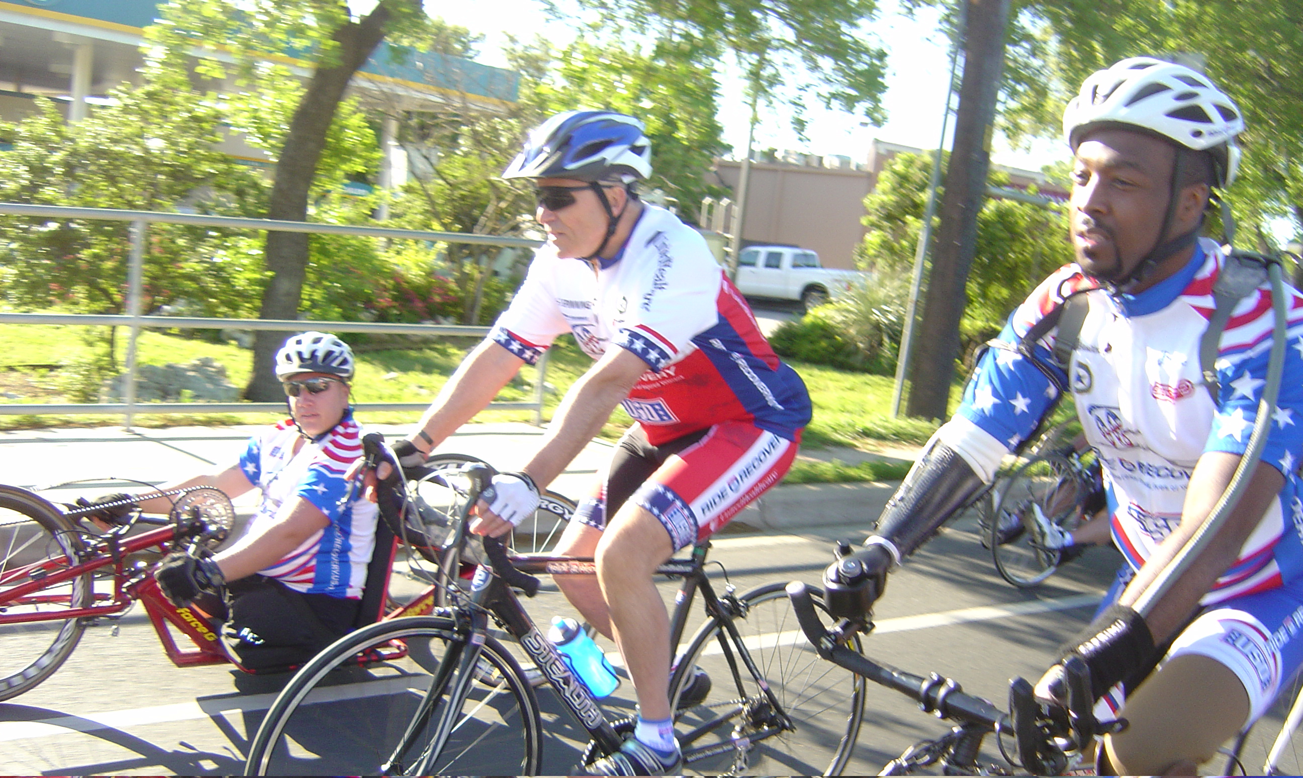 Casey (center) in the 2011 Ride 2 Recovery from Liberty Park, N.J., to Shanksville, Pa., to Washington, D.C., on the 10th anniversary of 9/11. Casey will speak at the Pan-Mass Challenge on Friday and join the ride on Saturday morning.