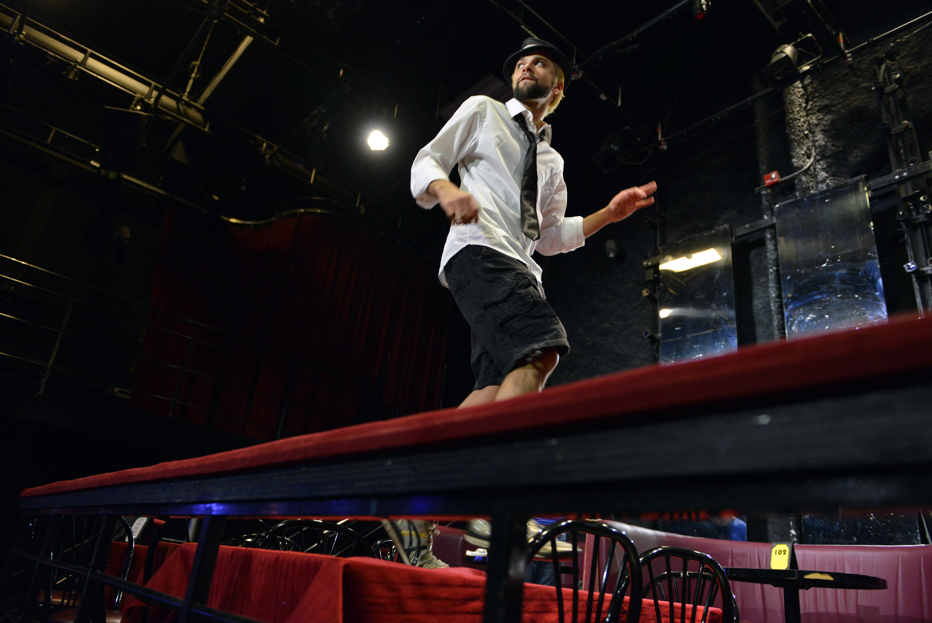 Troy Barboza rehearses a scene from “Sexyback: or what you will,” being performed Monday at Oberon.