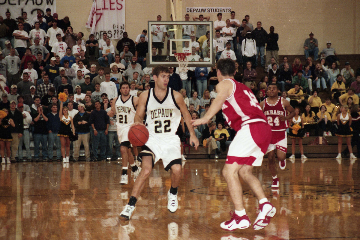 Brad Stevens handles the ball for DePauw University. As a senior, because of a coach’s decision, the once-heralded recruit averaged fewer minutes and points than he did as a freshman.