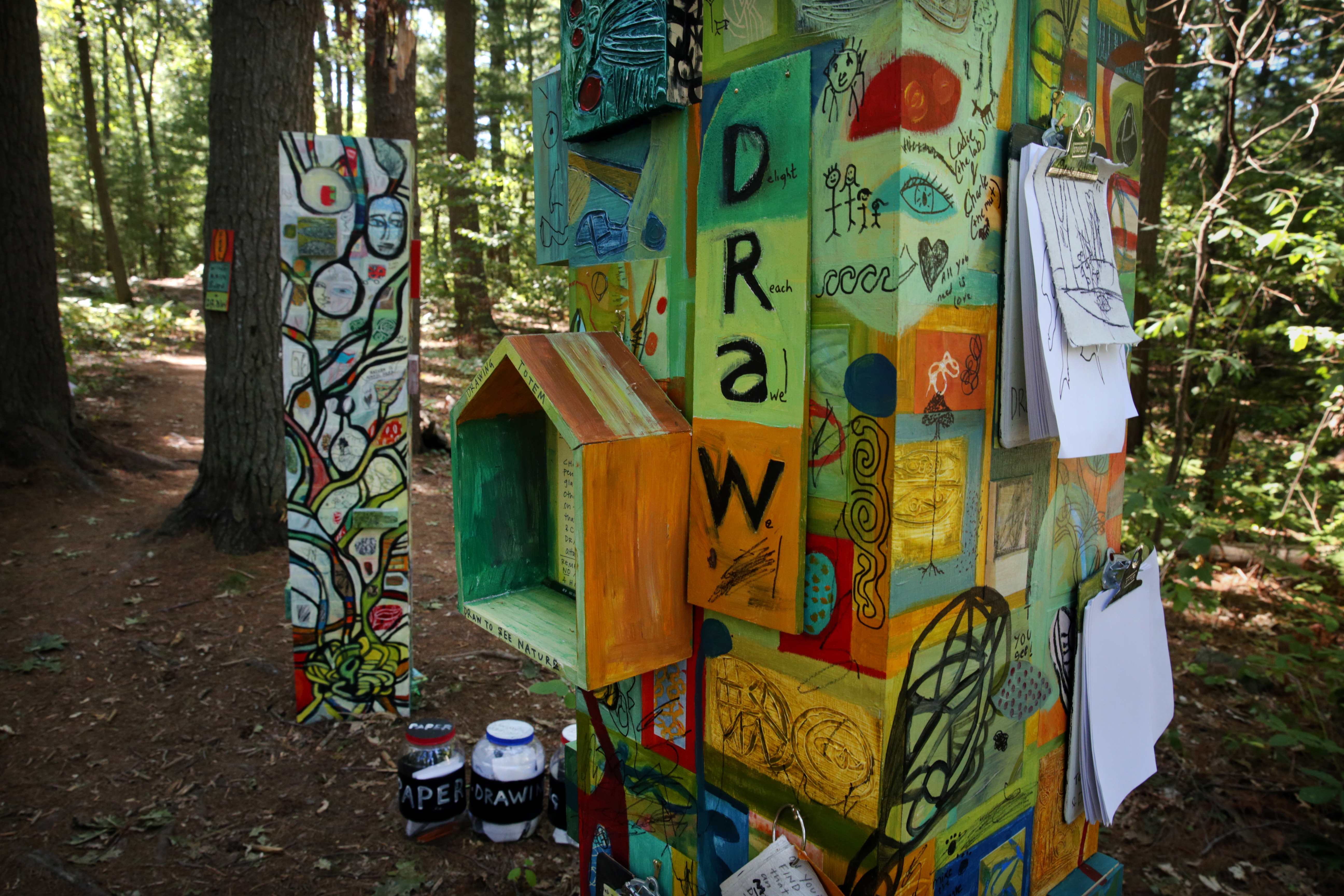 Totems by Deborah Putnoi on the The Kennard Park Sculpture Trail at the Kennard Conservation Area in Newton Centre in 2016. Putnoi is streaming art classes online, Deb's Virtual Art School on Facebook.