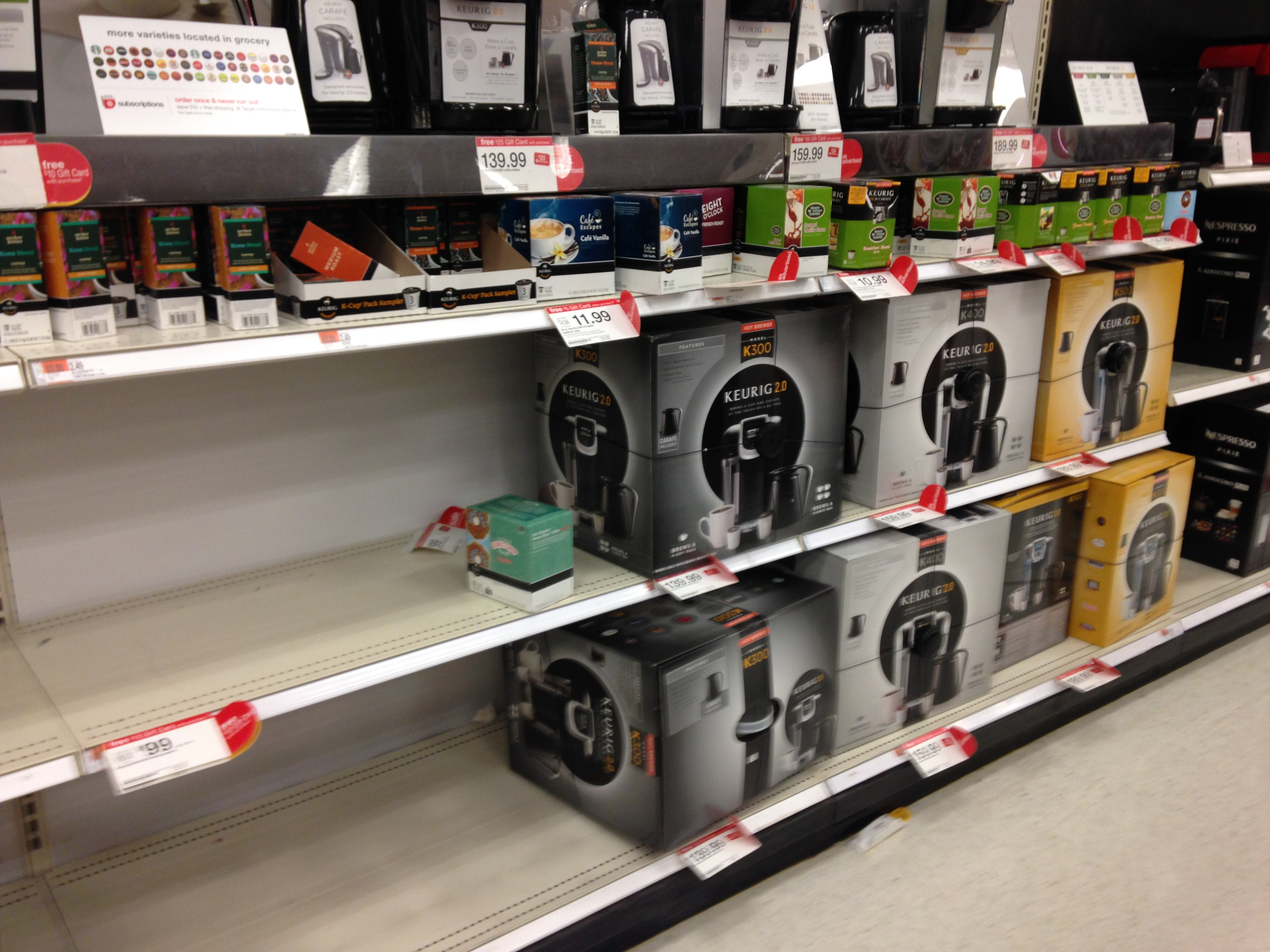 Shelves at a Target in Watertown had none of Keurig's older coffee machines, but did have the new Keurig 2.0 machines.