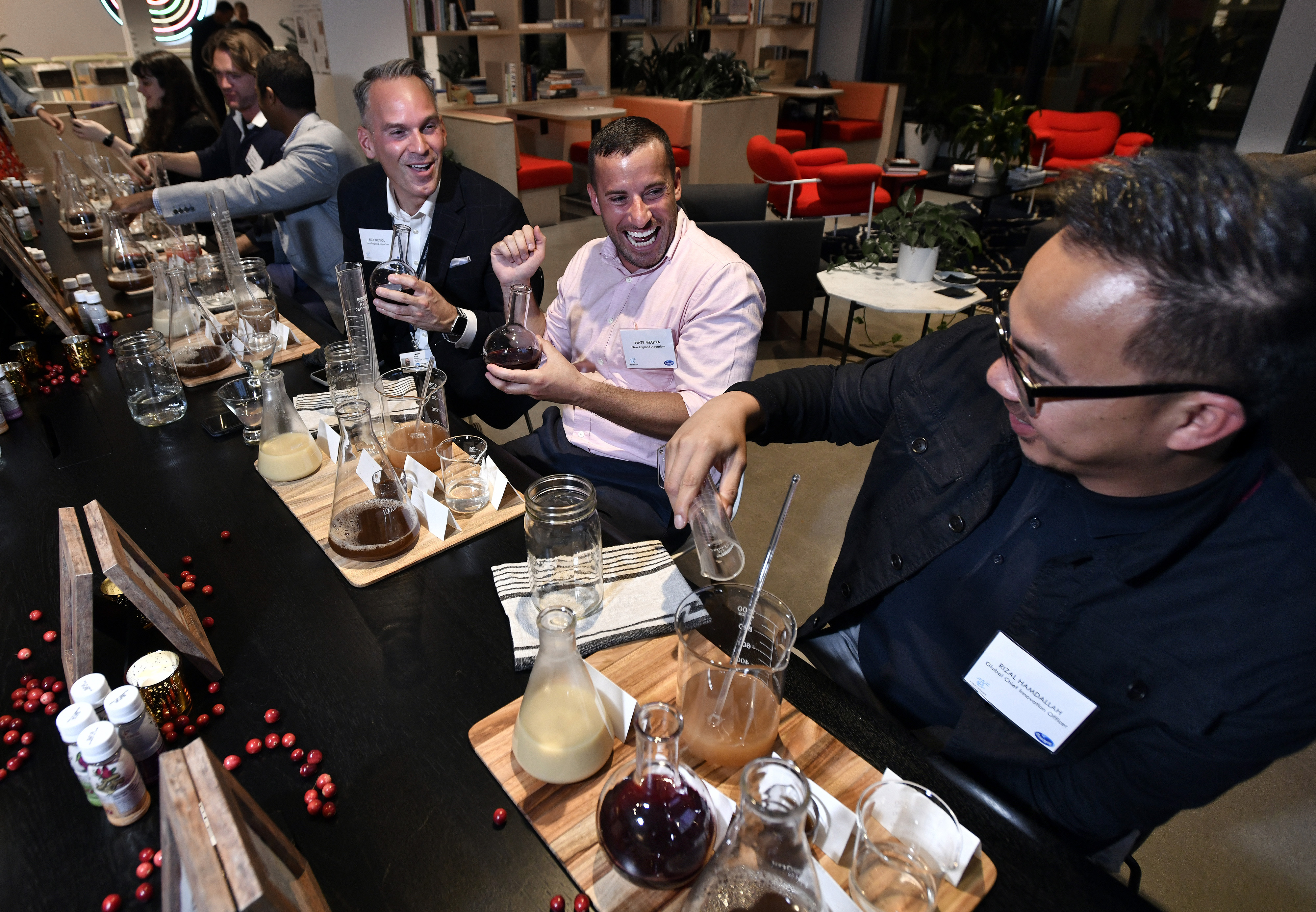 Rizal Hamdallah (right), Ocean Spray’s Global Chief Innovation Officer, mixed herbal blends during the launch of its Lighthouse Incubator Program to unveil Atoka, a line of plant-based drinks.