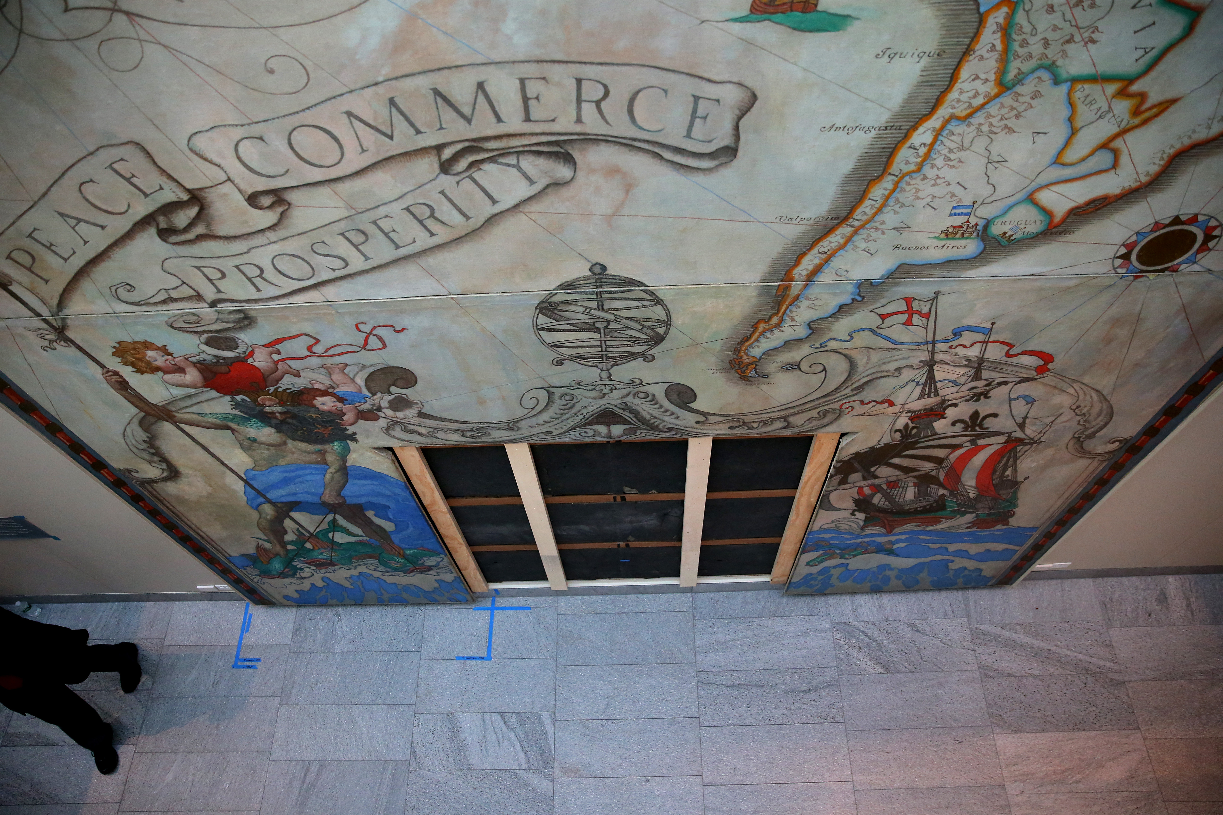 N.C. Wyeth’s 1923 mural, “Peace, Commerce, Prosperity,” soars in the new wing’s atrium.