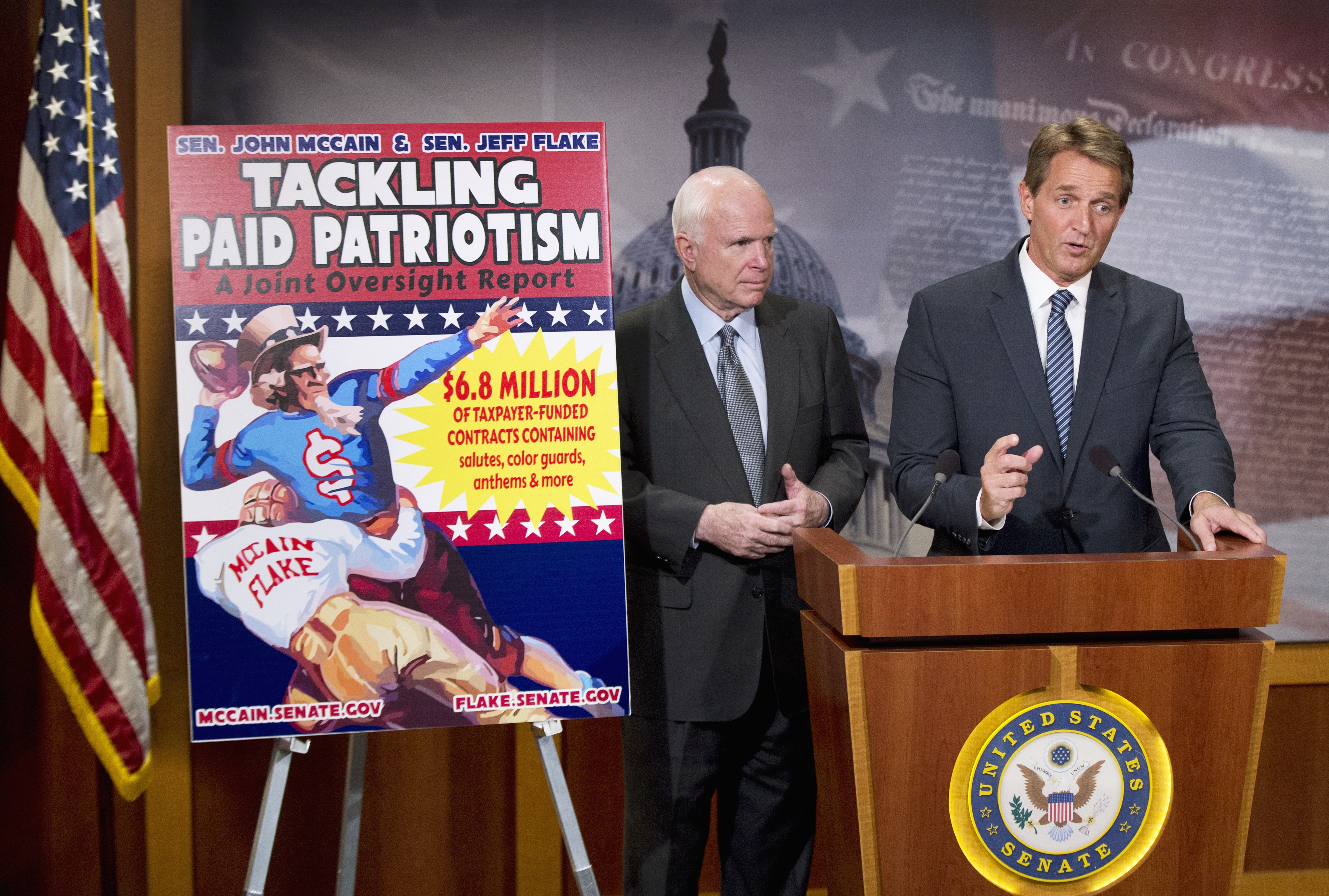 Senators John McCain and Jeff Flake, both Arizona Republicans, spoke to reporters about paid patriotism on Wednesday.