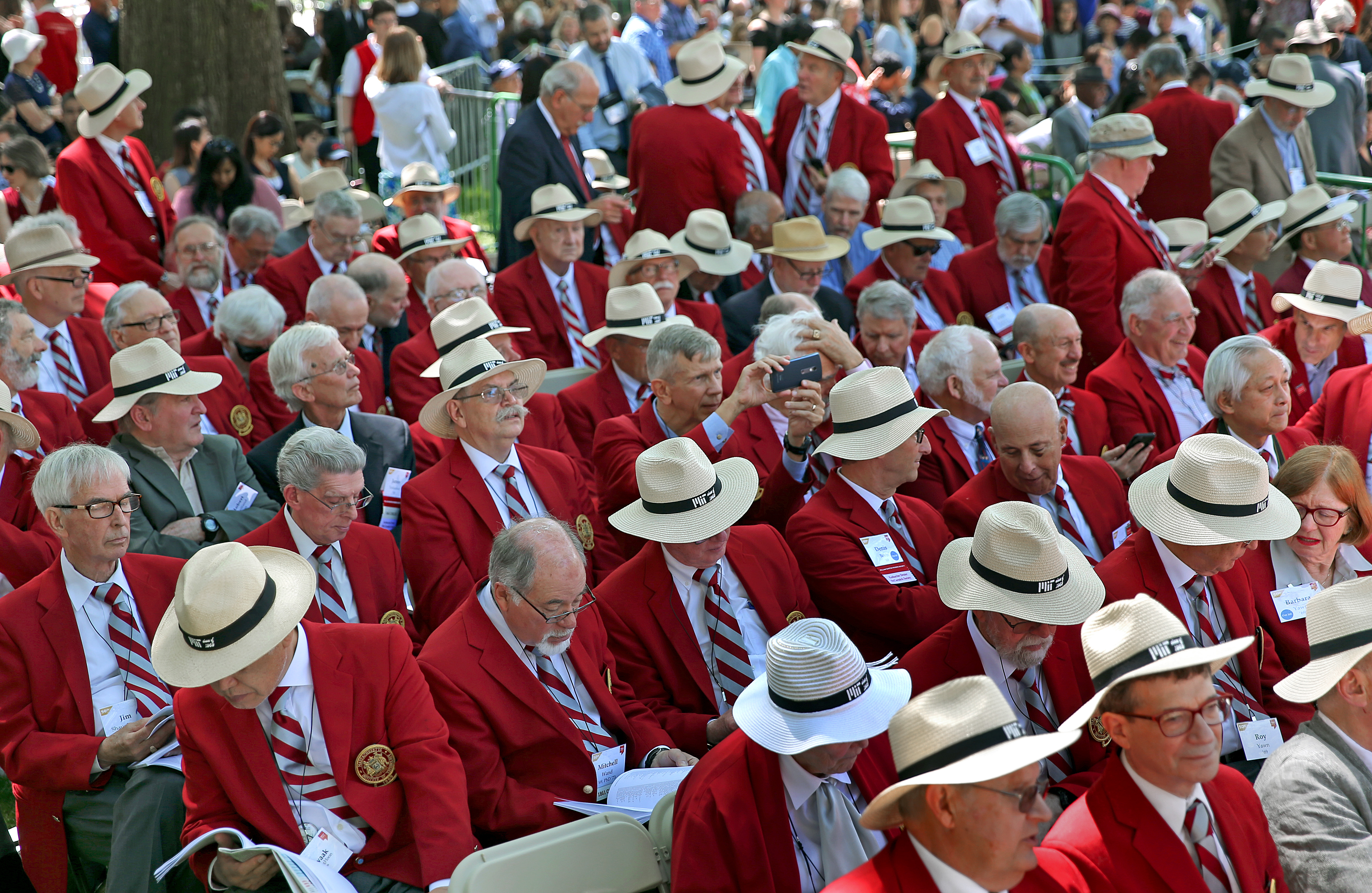 The MIT Class of 1969 wore red jackets and straw hats to the 2019 commencement.