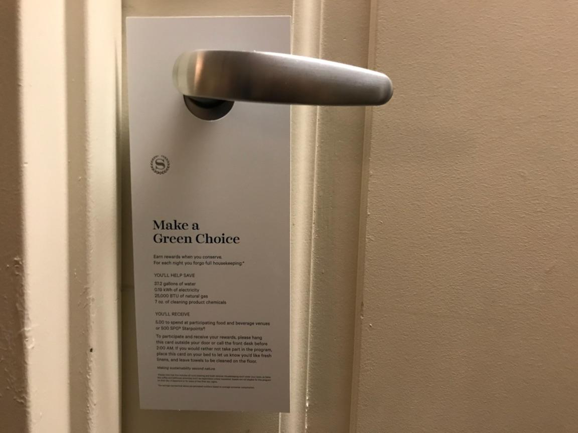 The Make a Green Choice sign Sheraton Boston hotel guests can hang on their door to opt out of housekeeping.