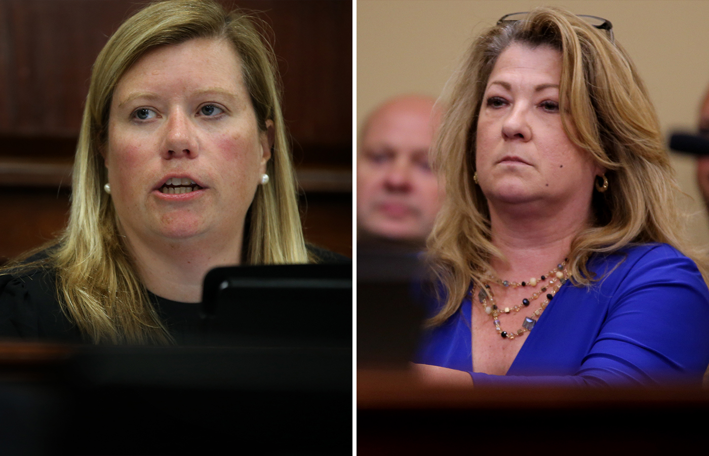 State Senators Erin Lynch Prata (left), a Democrat, and Elaine Morgan, a Republican, appeared at TuesdayÕs Judiciary Committee meeting at the State House on Tuesday.