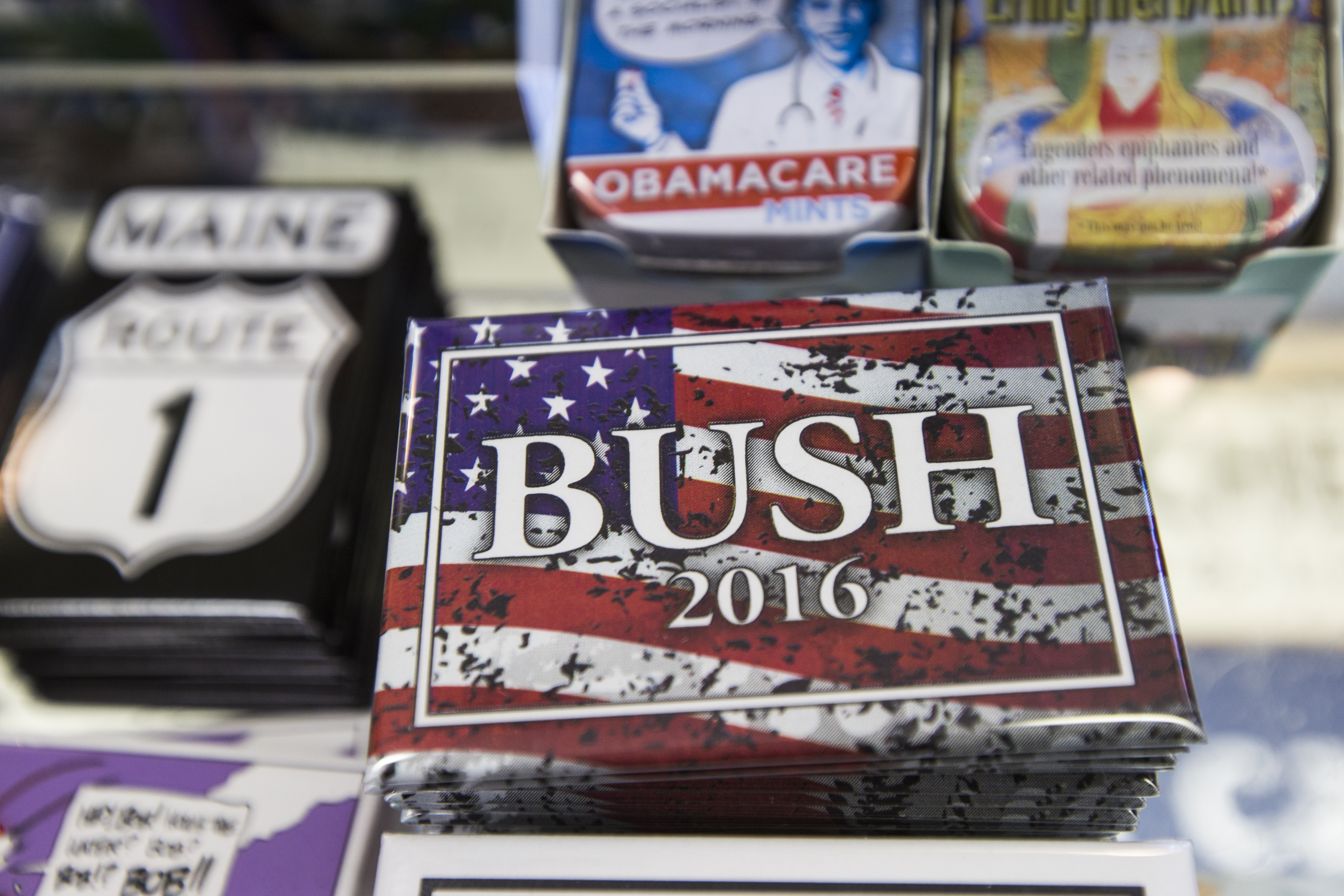 Magnets for a possible presidential campaign for Jeb Bush were on display in a Kennebunkport souvenir shop.