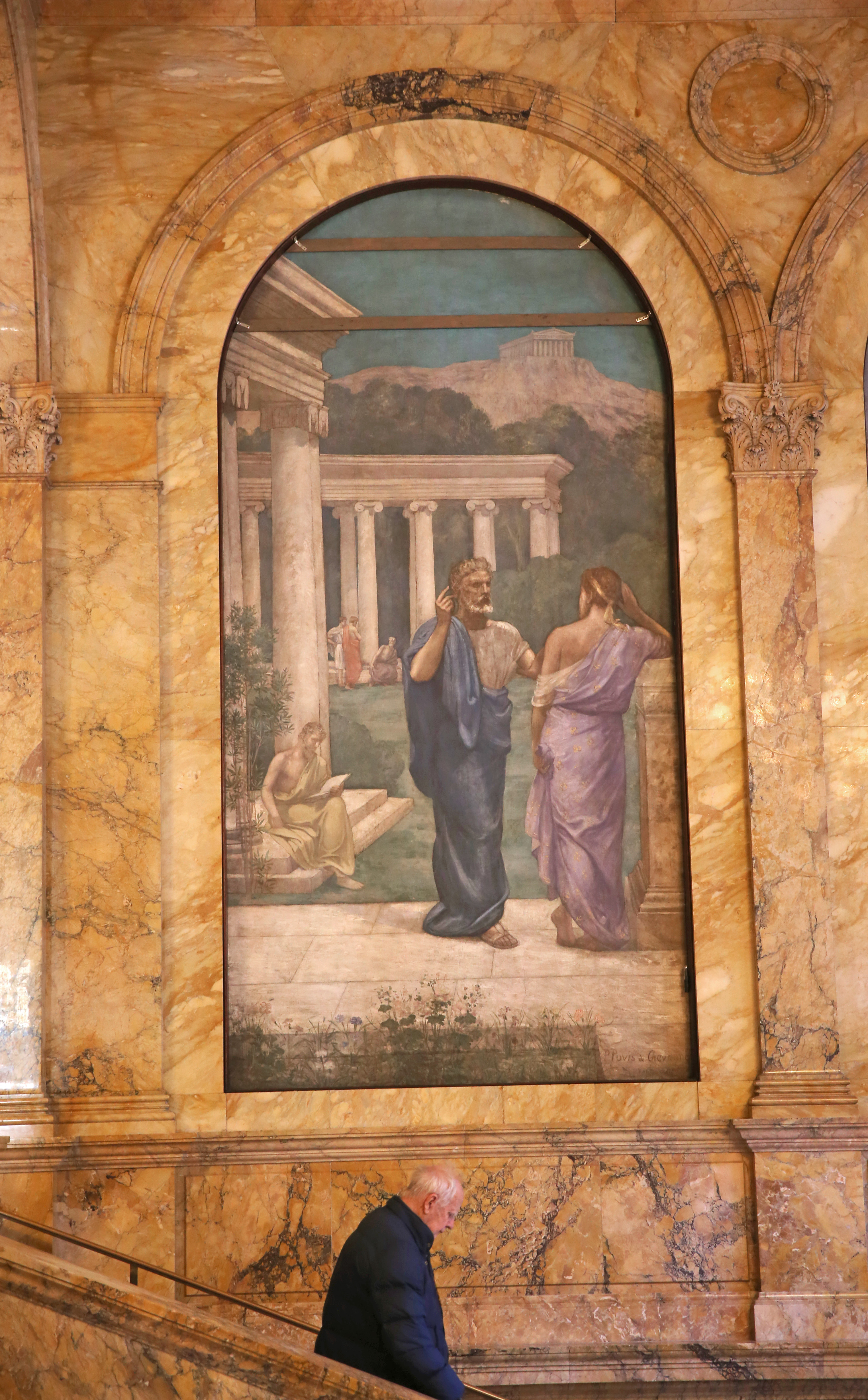 The “Philosophy’’ panel at the Boston Public Library is held in place by wood braces.