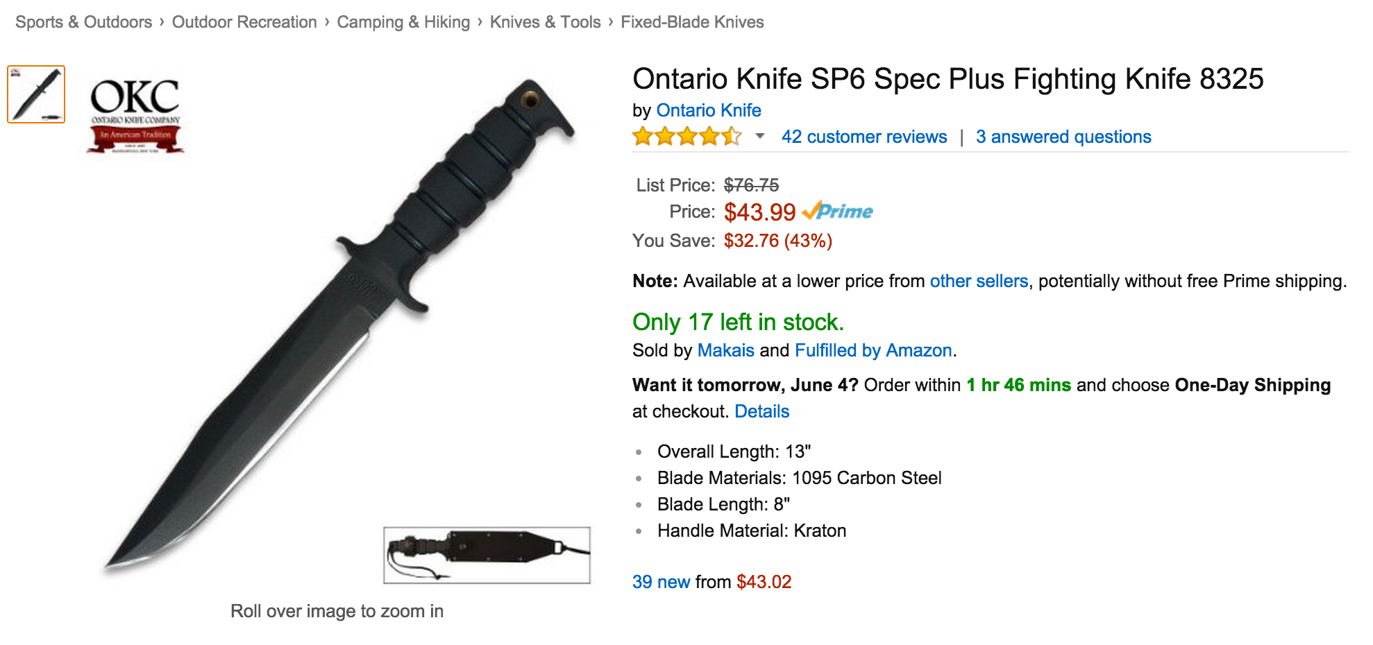 Ontario Knife SP6 Spec Plus Fighting Knife 8325 for sale on Amazon.com. (Screengrab)
