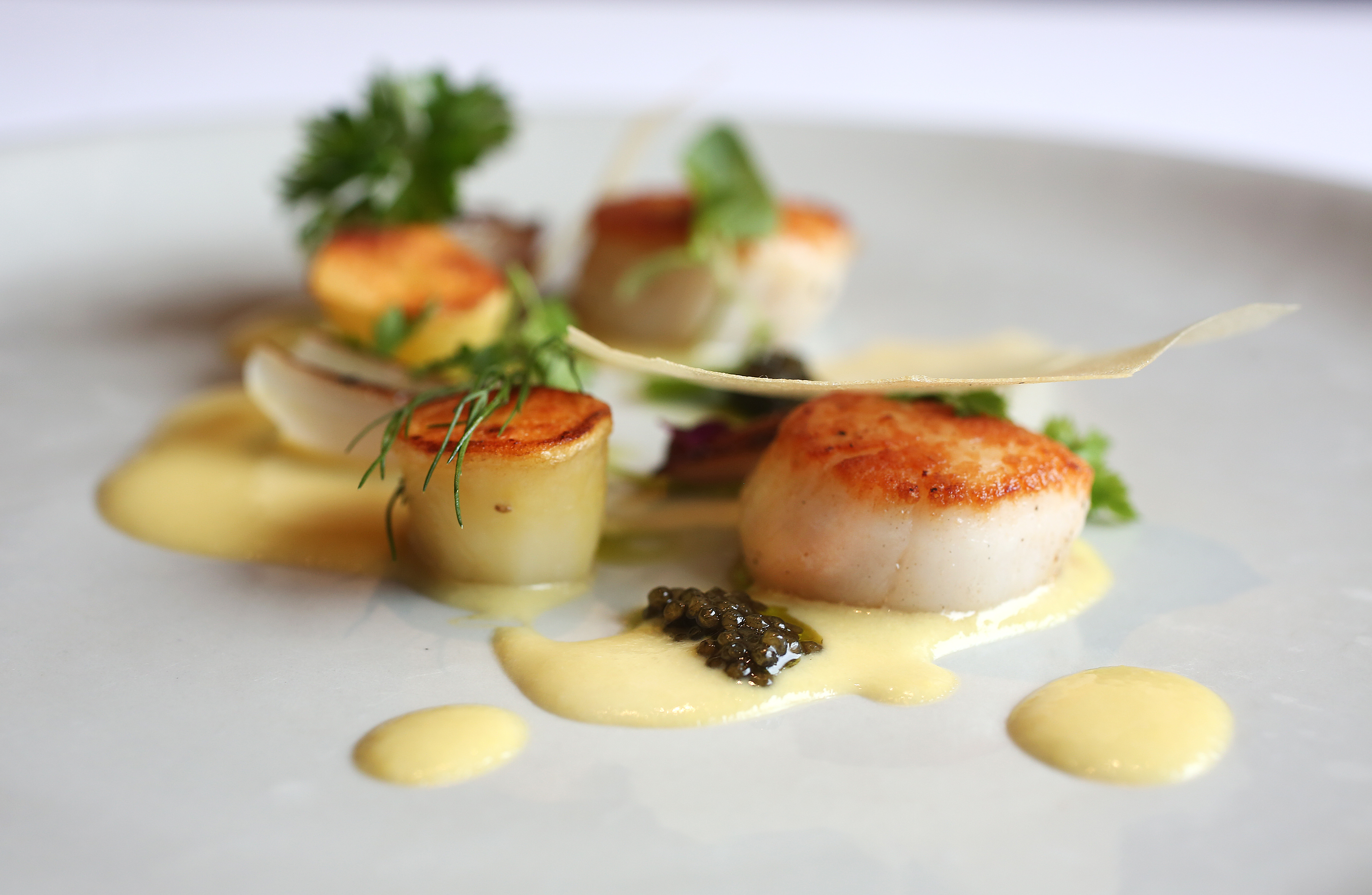Georges Bank scallops with native sweet corn juice, hay roasted potato, and Siberian caviar at L’Espalier.